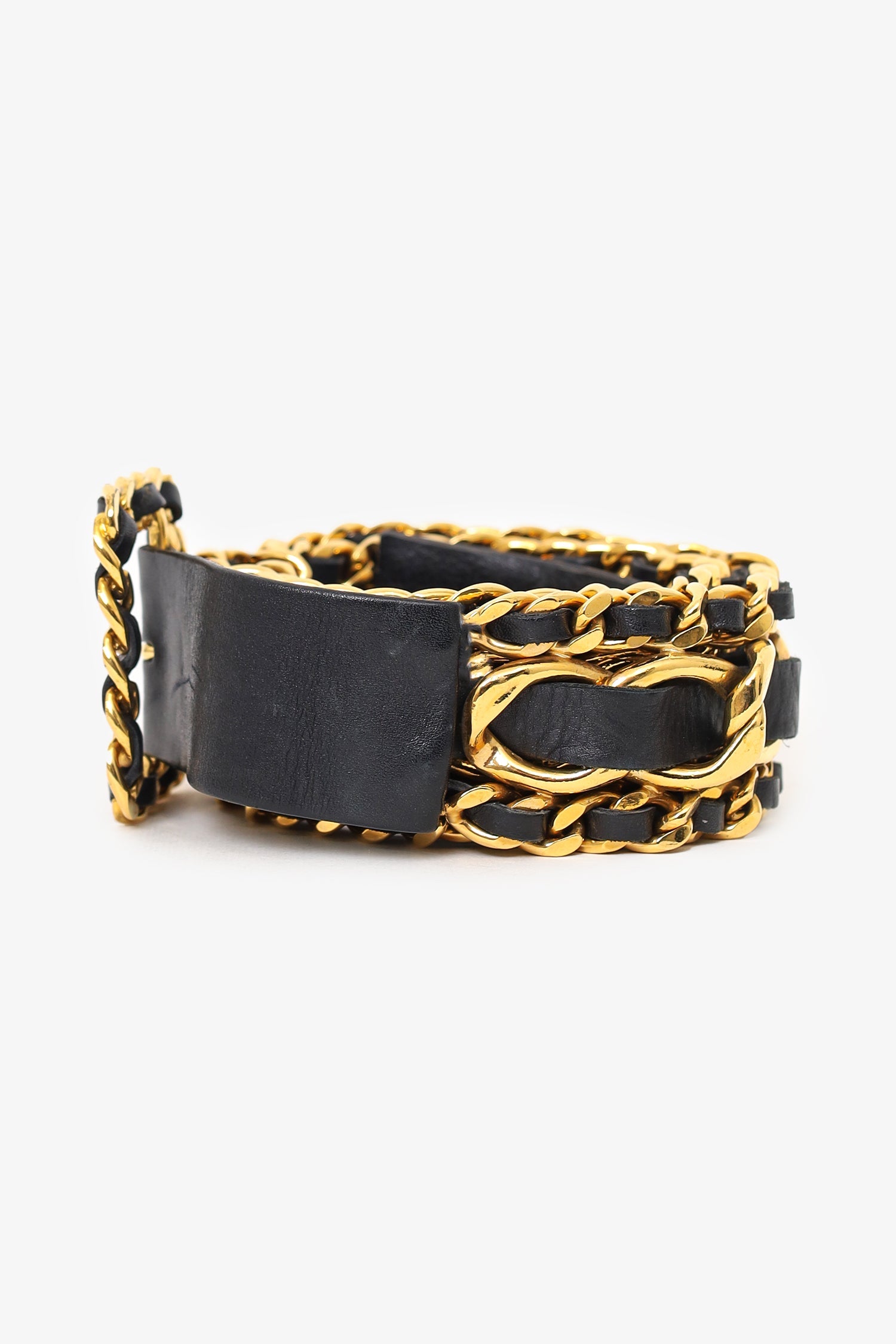 Pre-Loved Chanel™ Vintage Black Leather Gold Chain Belt Size 75