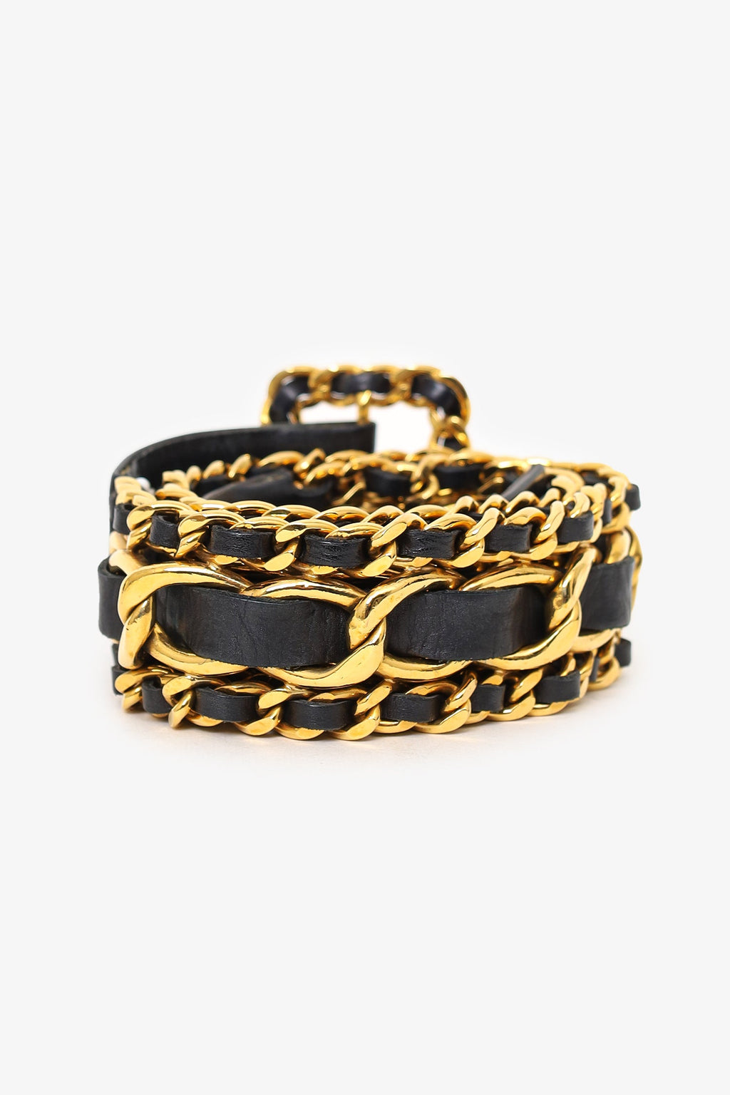 Pre-Loved Chanel™ Vintage Black Leather Gold Chain Belt Size 75