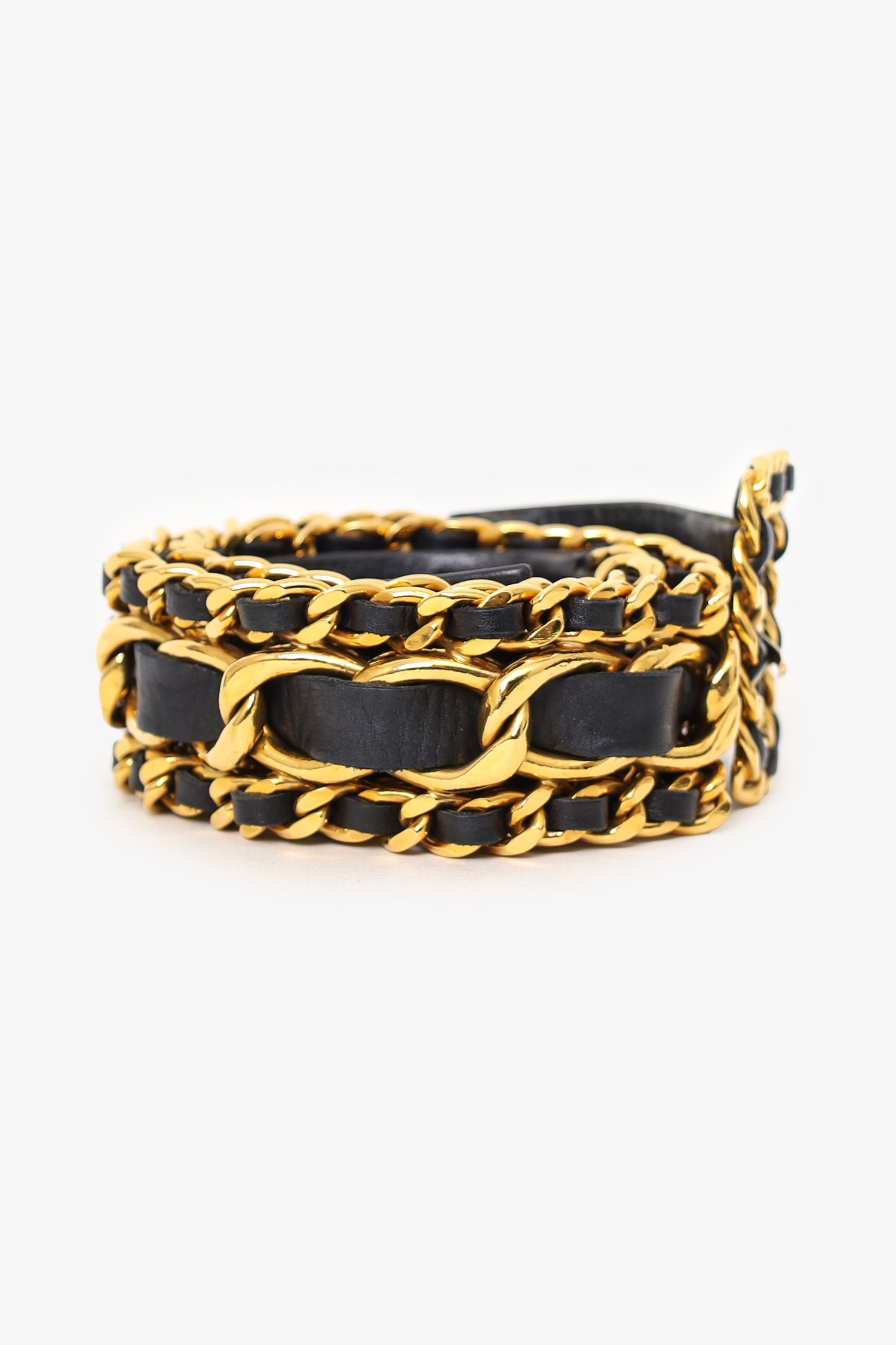 Pre-Loved Chanel™ Vintage Black Leather Gold Chain Belt Size 75