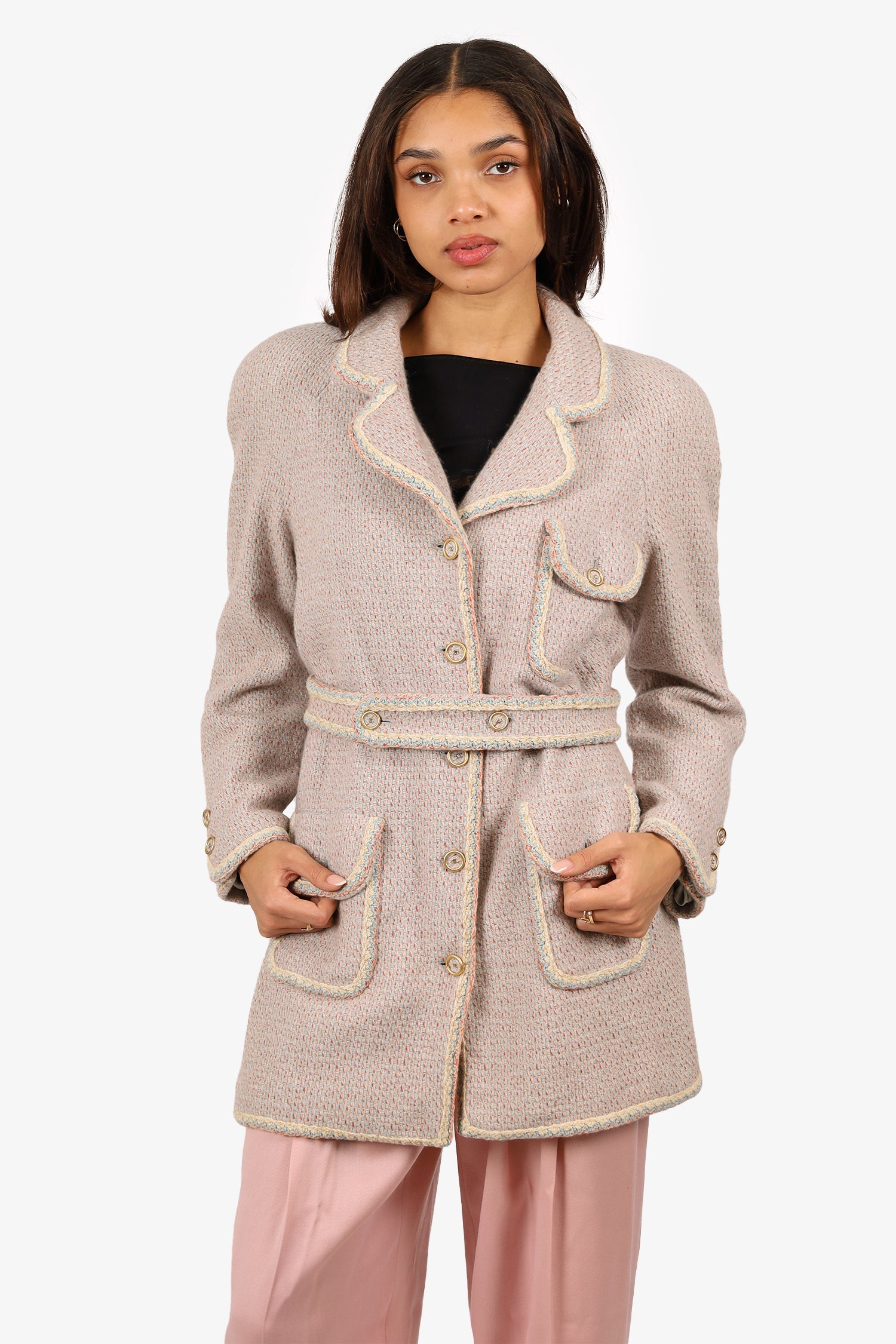 Pre-Loved Chanel™ Cream/Blue Tweed Cashmere Belted Jacket Size 42