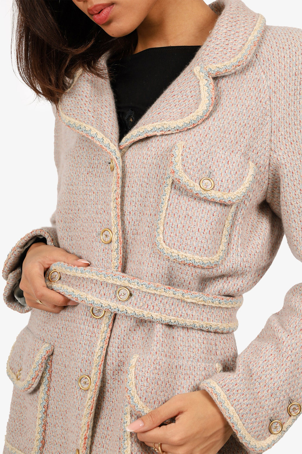Pre-Loved Chanel™ Cream/Blue Tweed Cashmere Belted Jacket Size 42