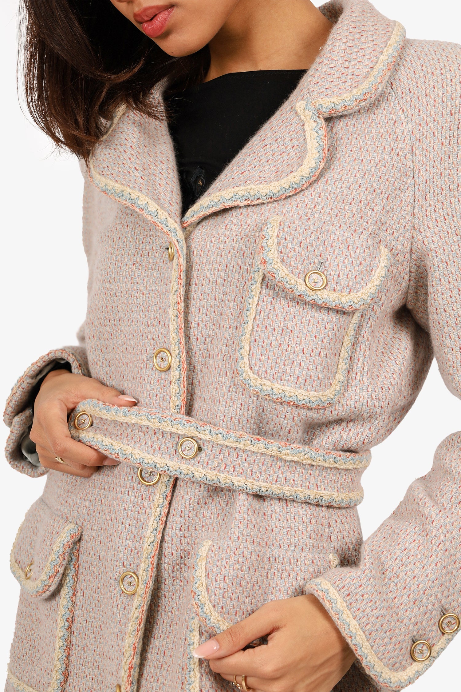 Pre-Loved Chanel™ Cream/Blue Tweed Cashmere Belted Jacket Size 42
