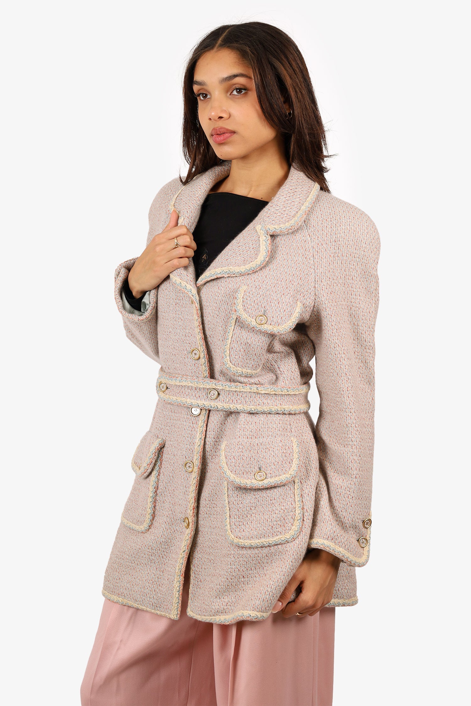 Pre-Loved Chanel™ Cream/Blue Tweed Cashmere Belted Jacket Size 42