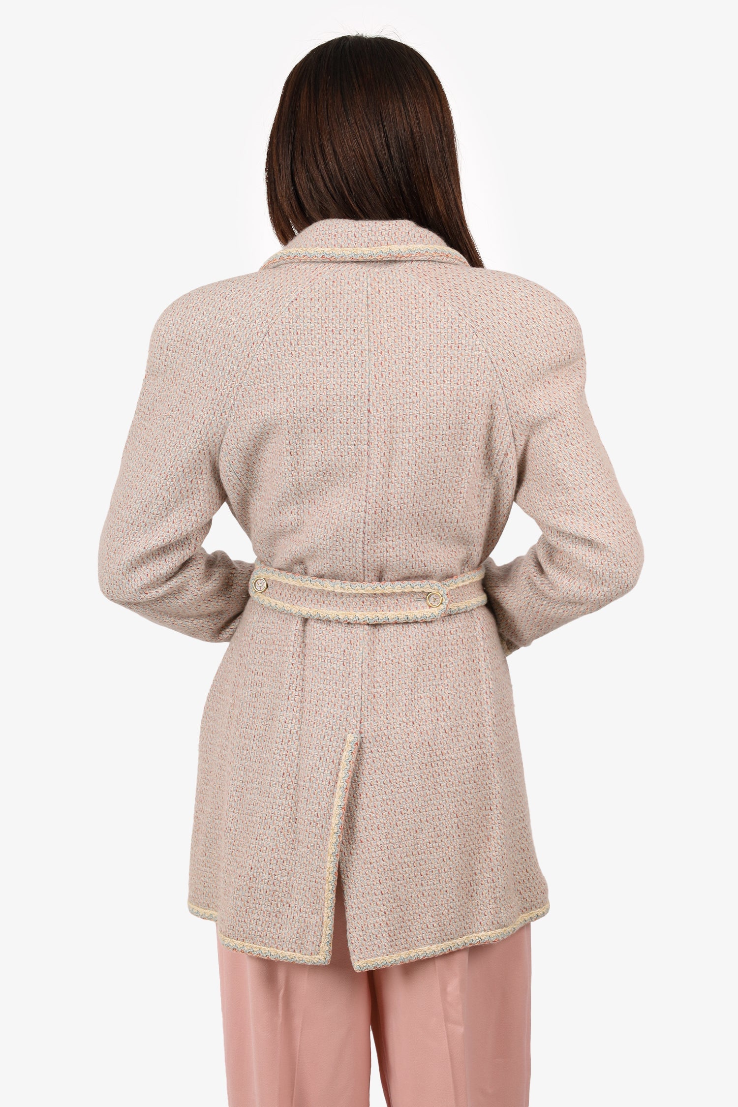 Pre-Loved Chanel™ Cream/Blue Tweed Cashmere Belted Jacket Size 42