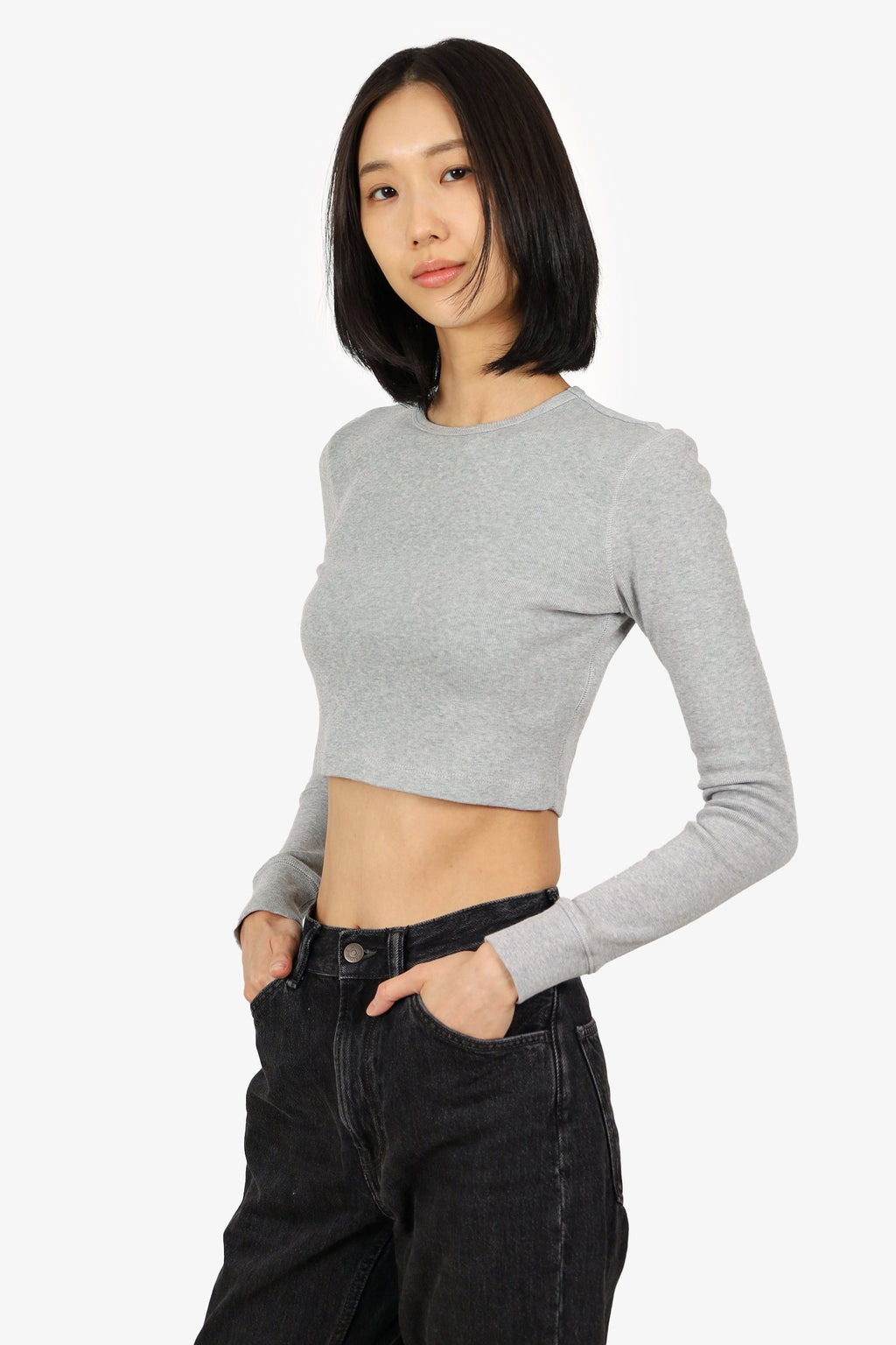 Wardrobe.NYC Grey Ribbed Long Sleeve Cropped Top Size S