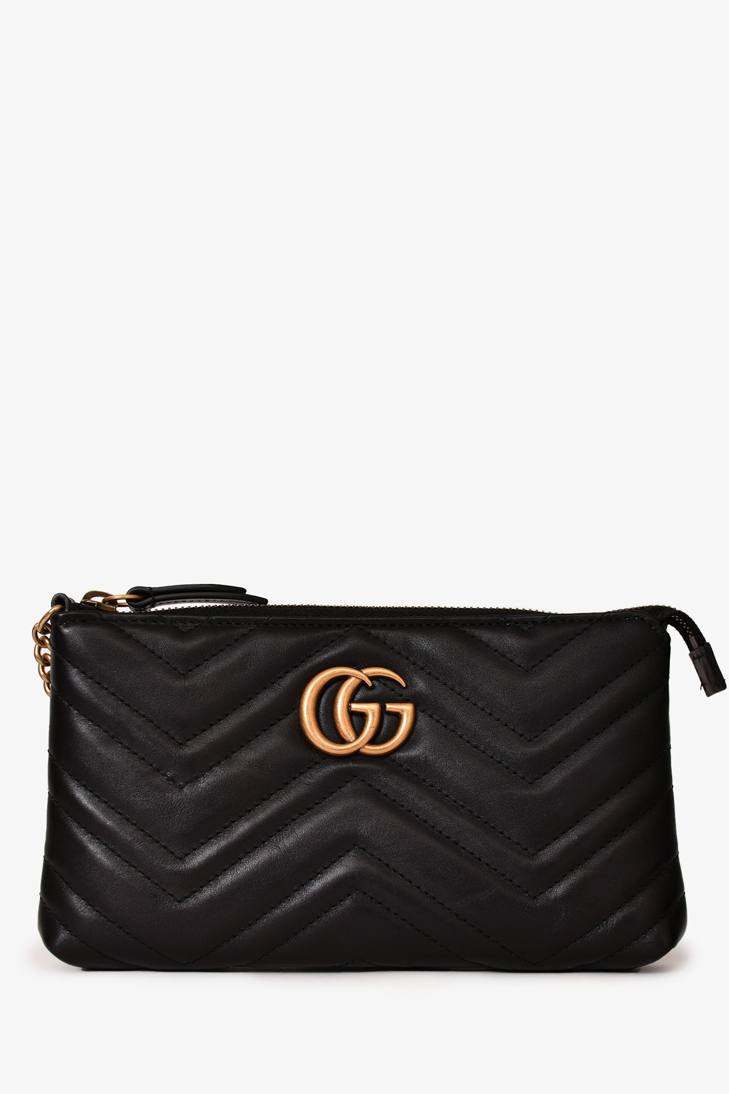 Gucci Black Diagonal Leather GG Marmont Zip Pouch with Chain