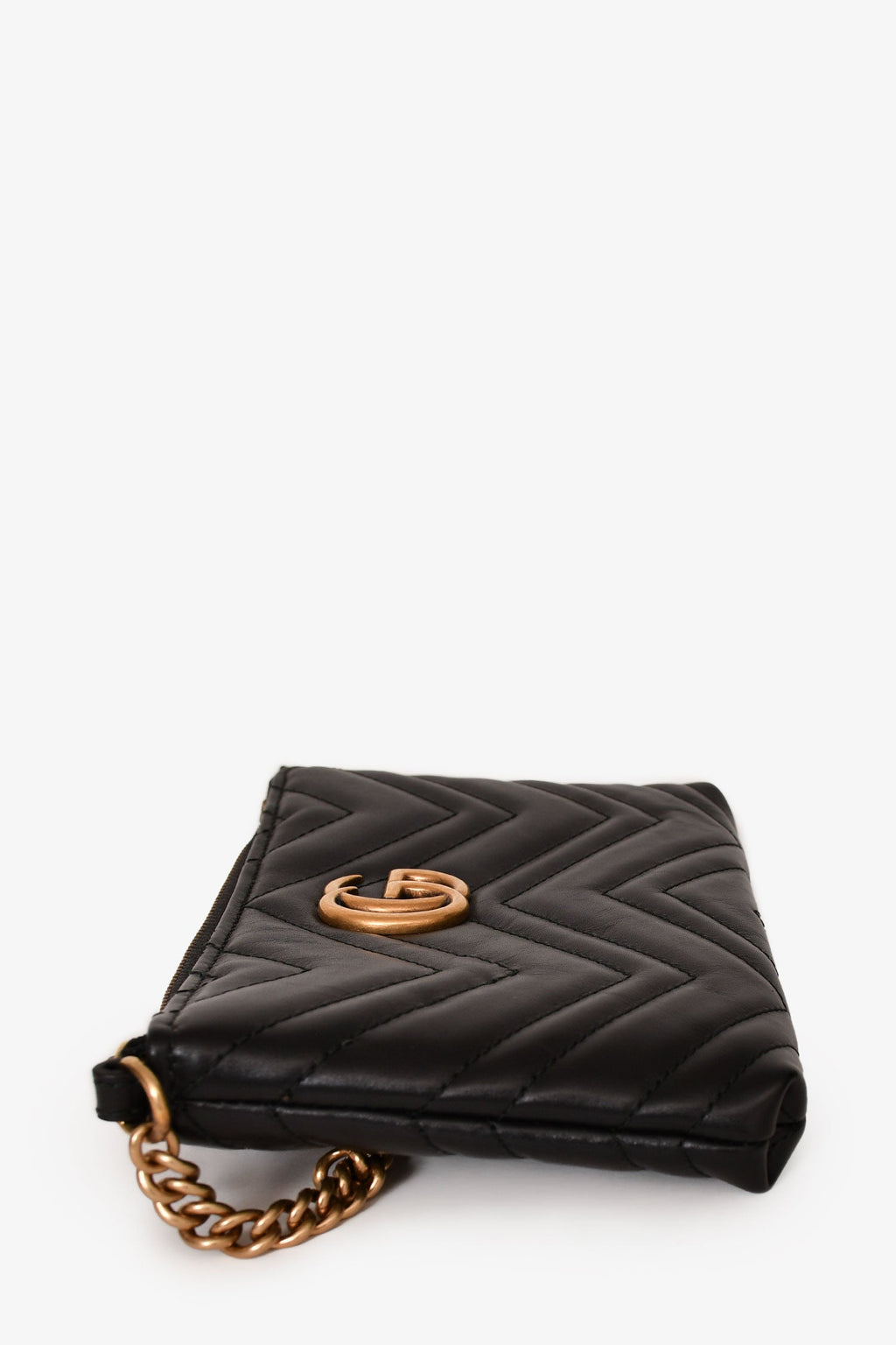 Gucci Black Diagonal Leather GG Marmont Zip Pouch with Chain