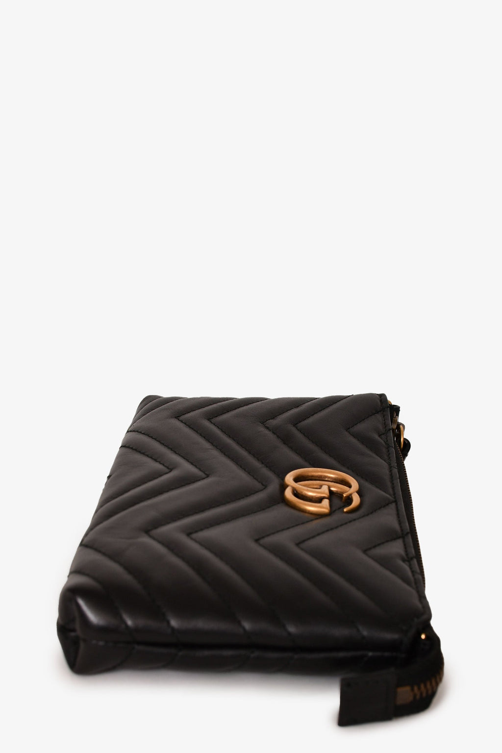 Gucci Black Diagonal Leather GG Marmont Zip Pouch with Chain