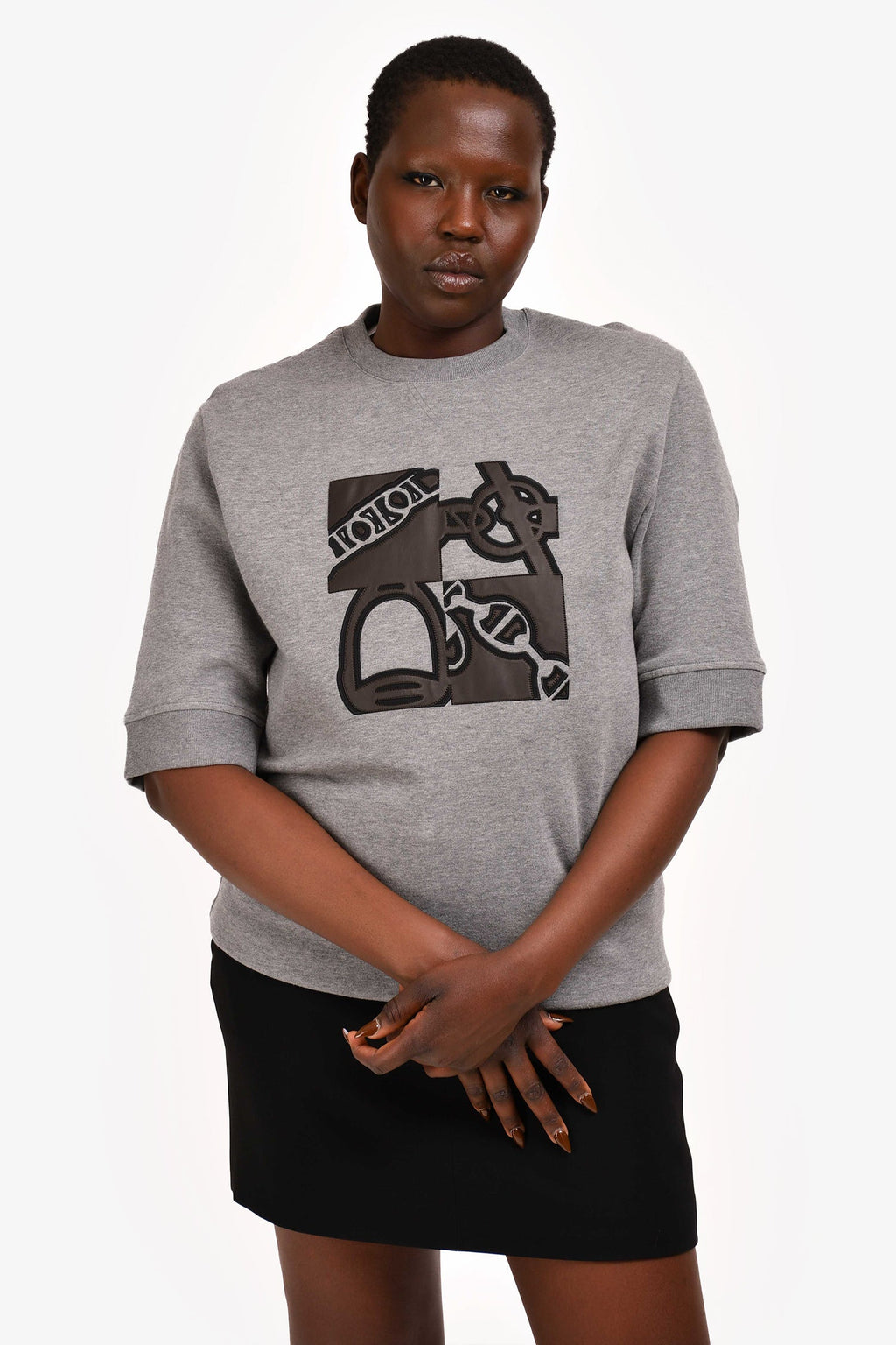 Hermès Grey/Brown Leather Embroidered "Metallerie au Carre" Short Sleeves Sweatshirt Size XL Mens