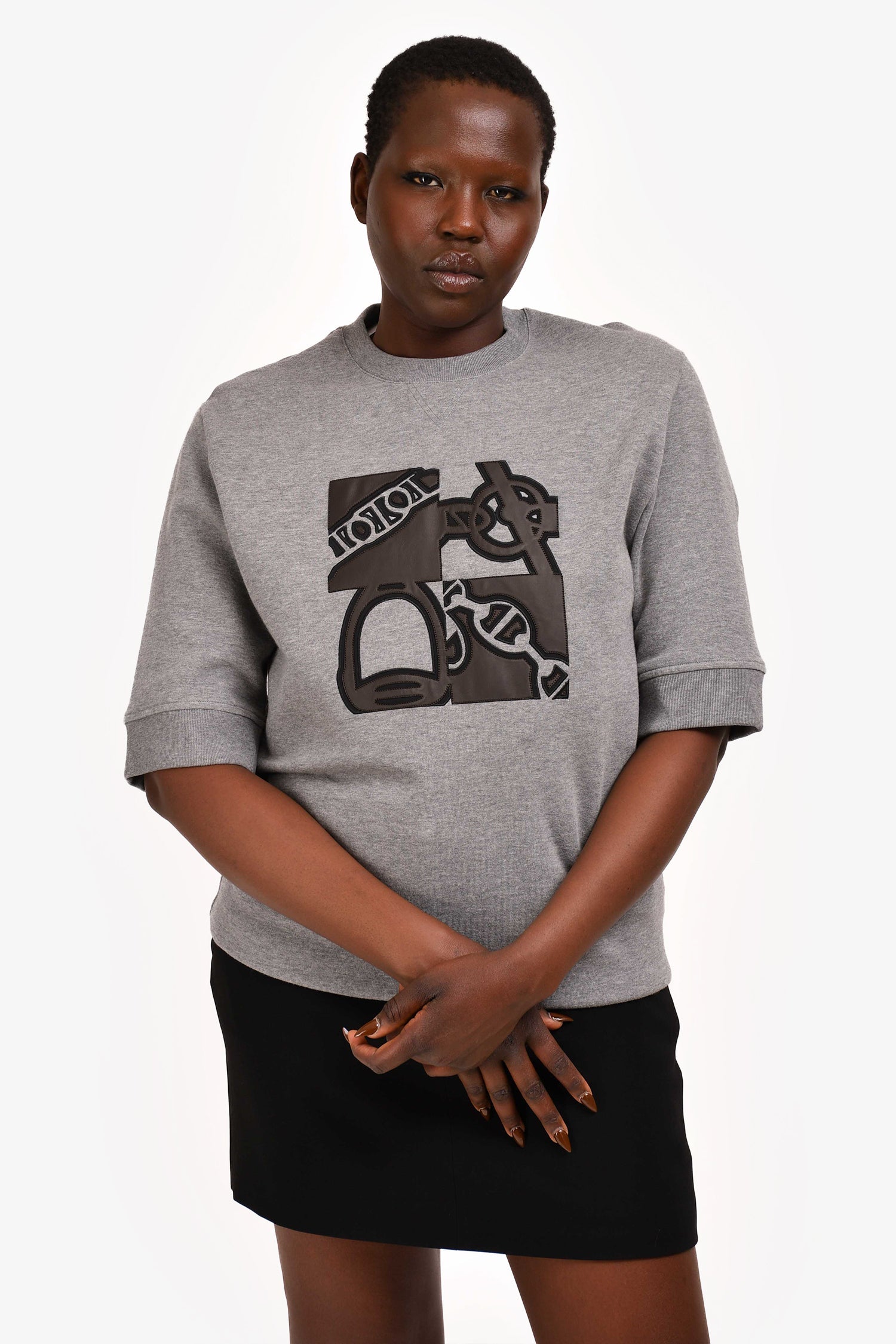 Hermès Grey/Brown Leather Embroidered "Metallerie au Carre" Short Sleeves Sweatshirt Size XL Mens