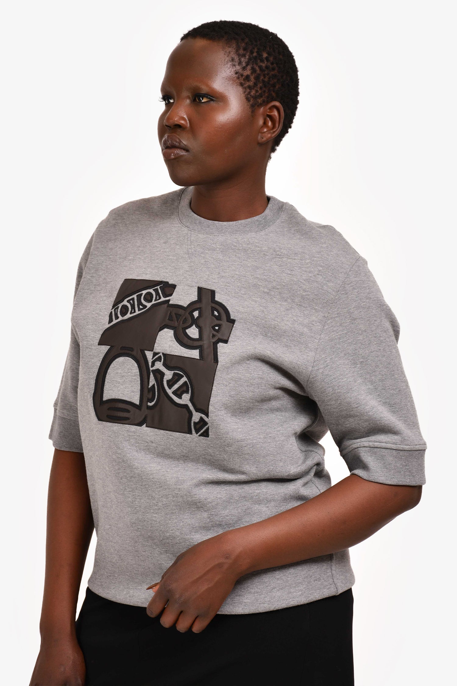 Hermès Grey/Brown Leather Embroidered "Metallerie au Carre" Short Sleeves Sweatshirt Size XL Mens