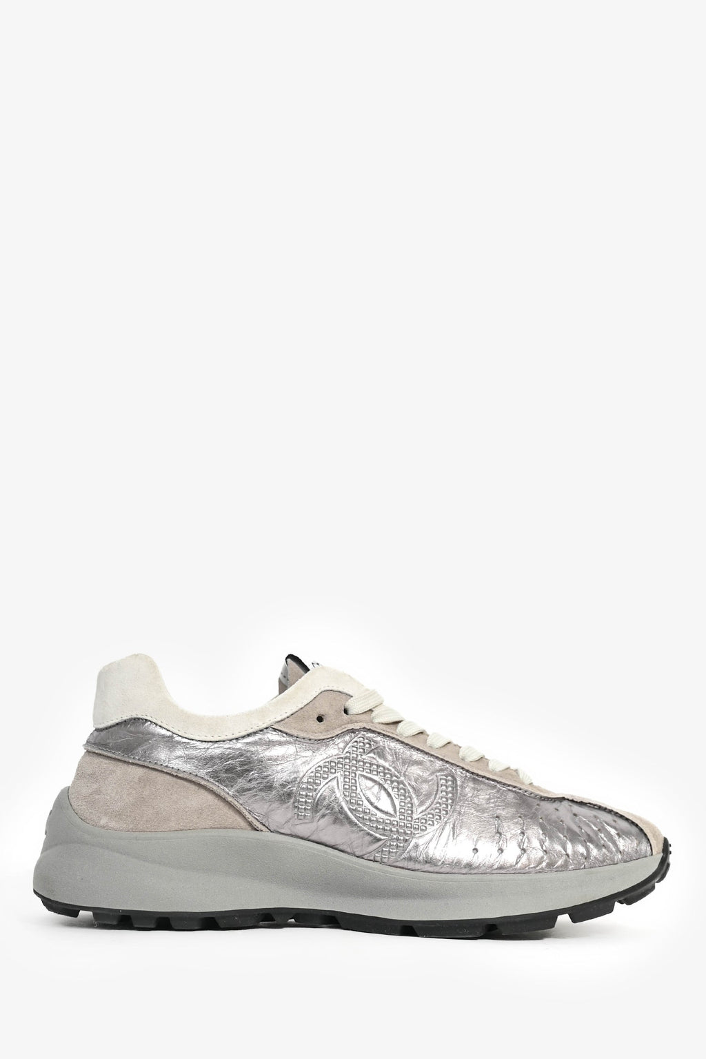 Pre-Loved Chanel™ Silver/Grey Leather CC Sneakers Size 39.5