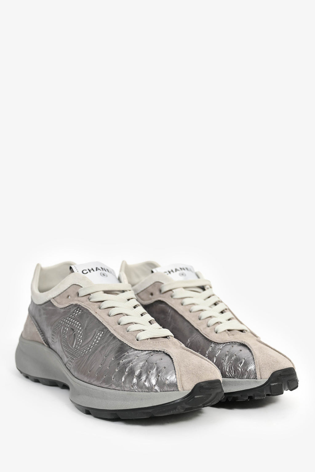 Pre-Loved Chanel™ Silver/Grey Leather CC Sneakers Size 39.5