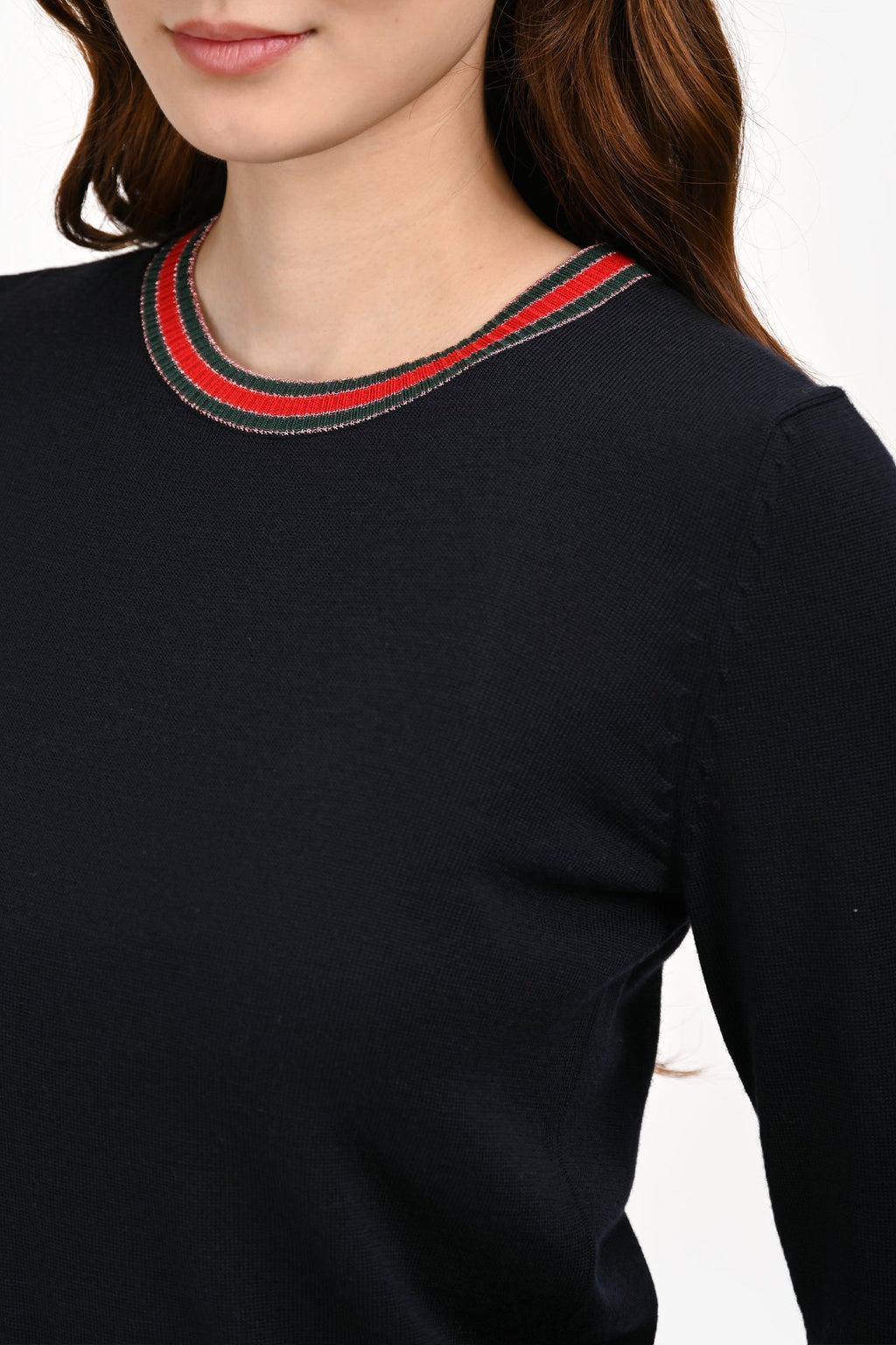 Gucci Navy Blue Wool Glitter Web Trim Sweater Size M