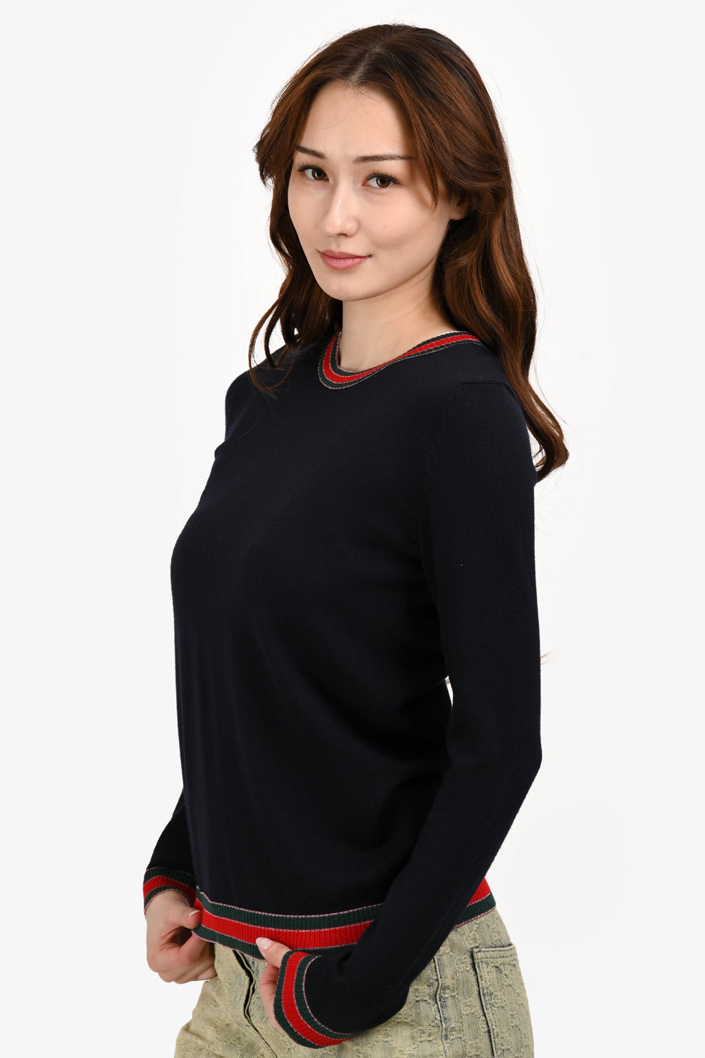 Gucci Navy Blue Wool Glitter Web Trim Sweater Size M