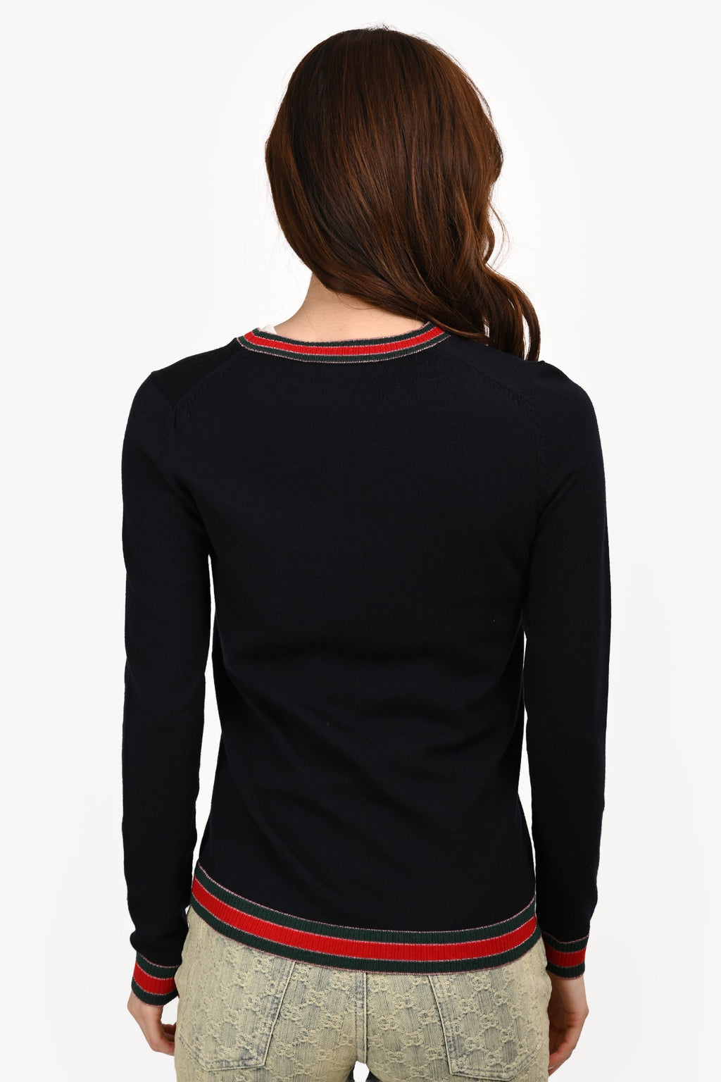 Gucci Navy Blue Wool Glitter Web Trim Sweater Size M