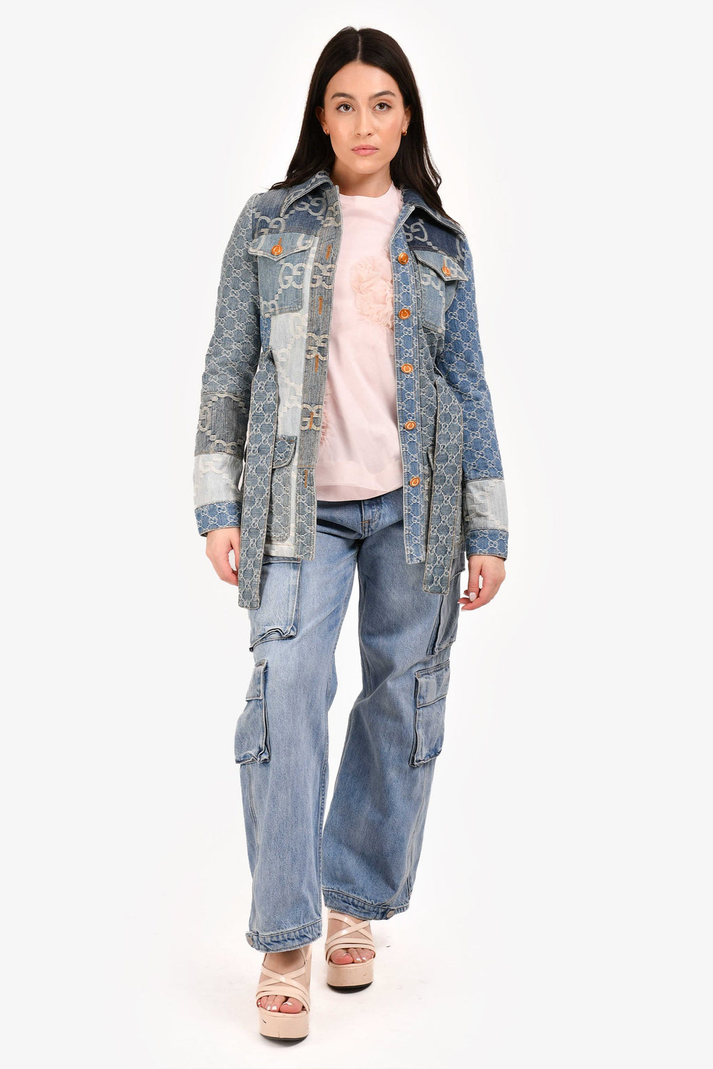 Gucci Blue GG Patchwork Denim Jacket with Waist Belt Size 36
