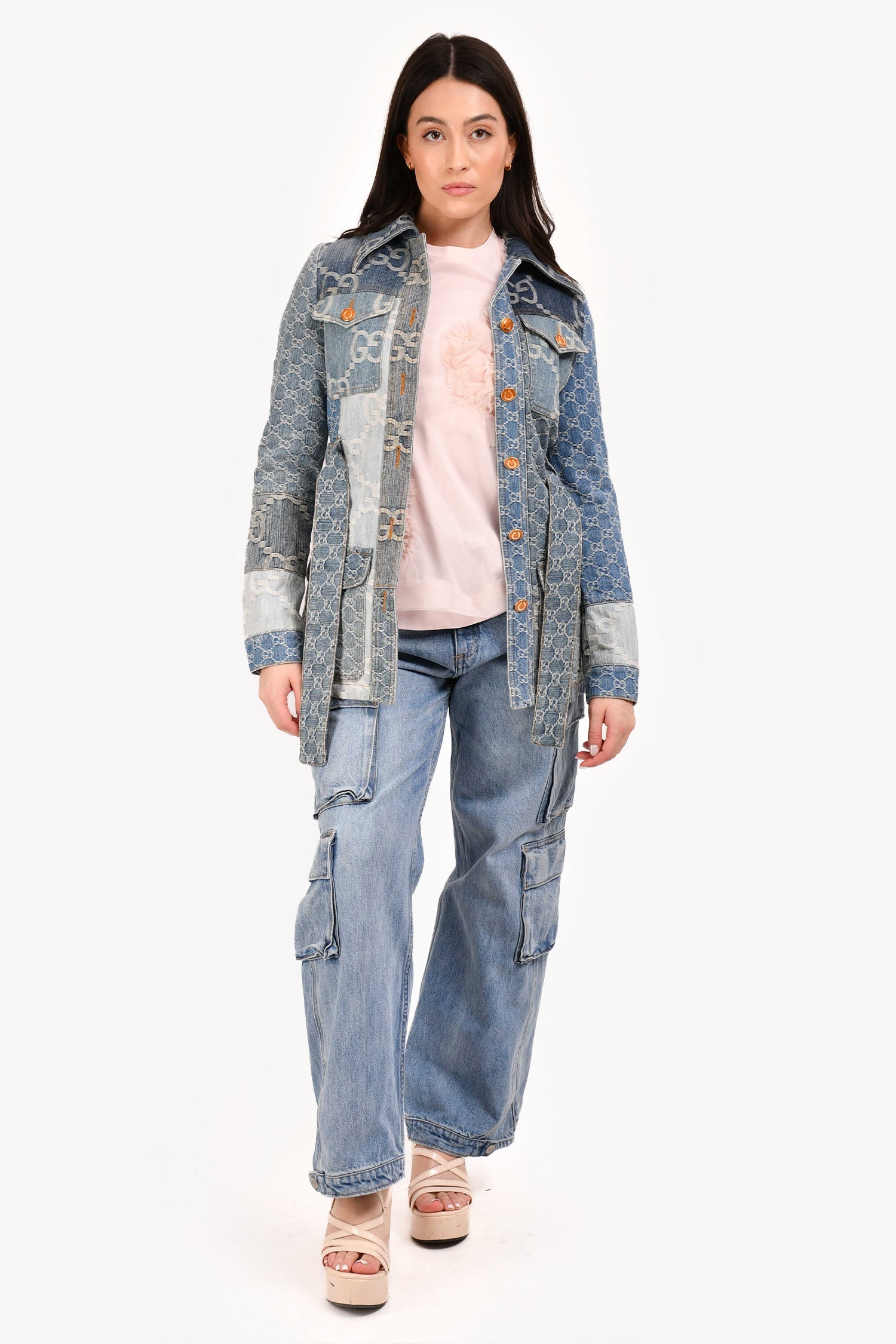 Gucci Blue GG Patchwork Denim Jacket with Waist Belt Size 36