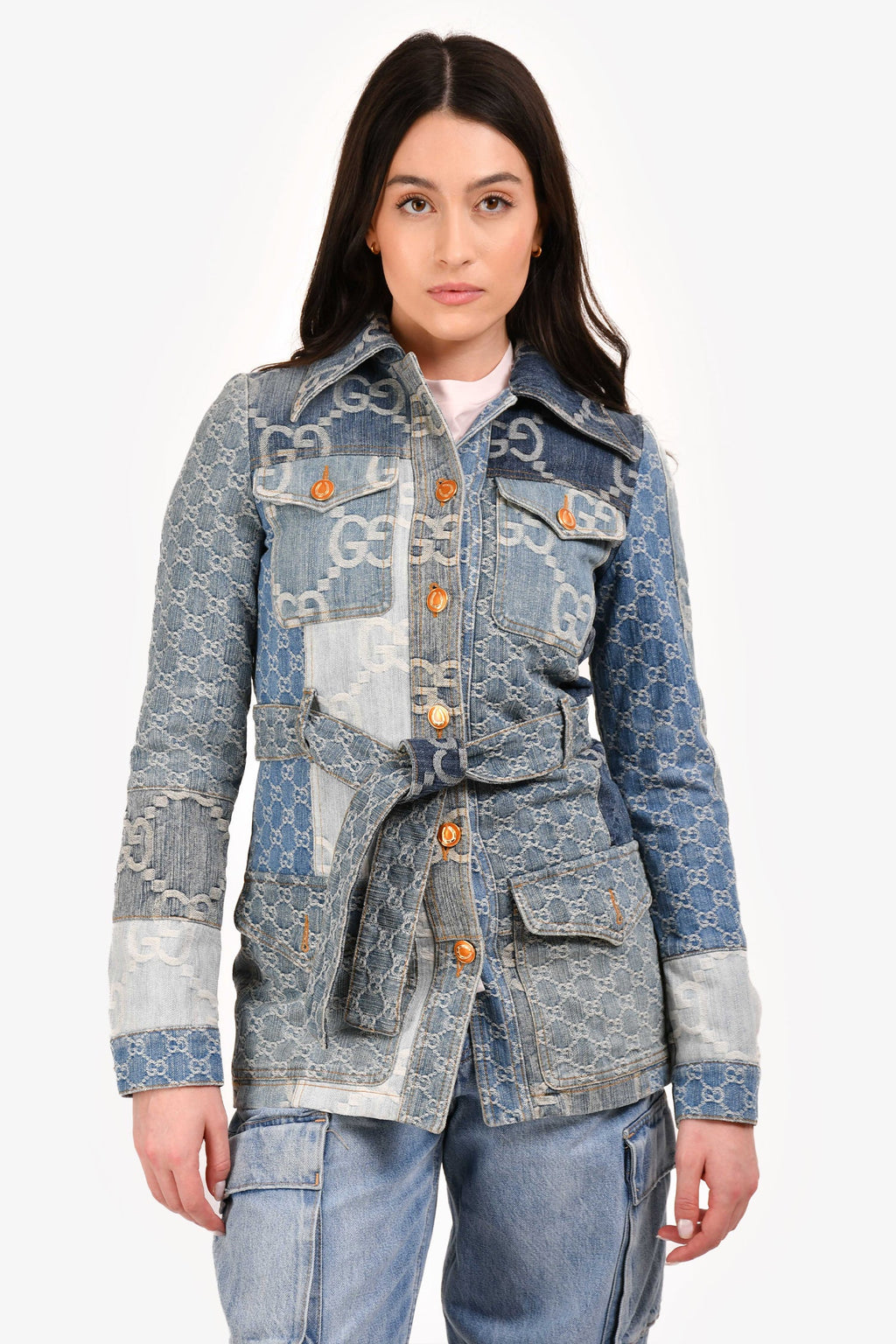 Gucci Blue GG Patchwork Denim Jacket with Waist Belt Size 36