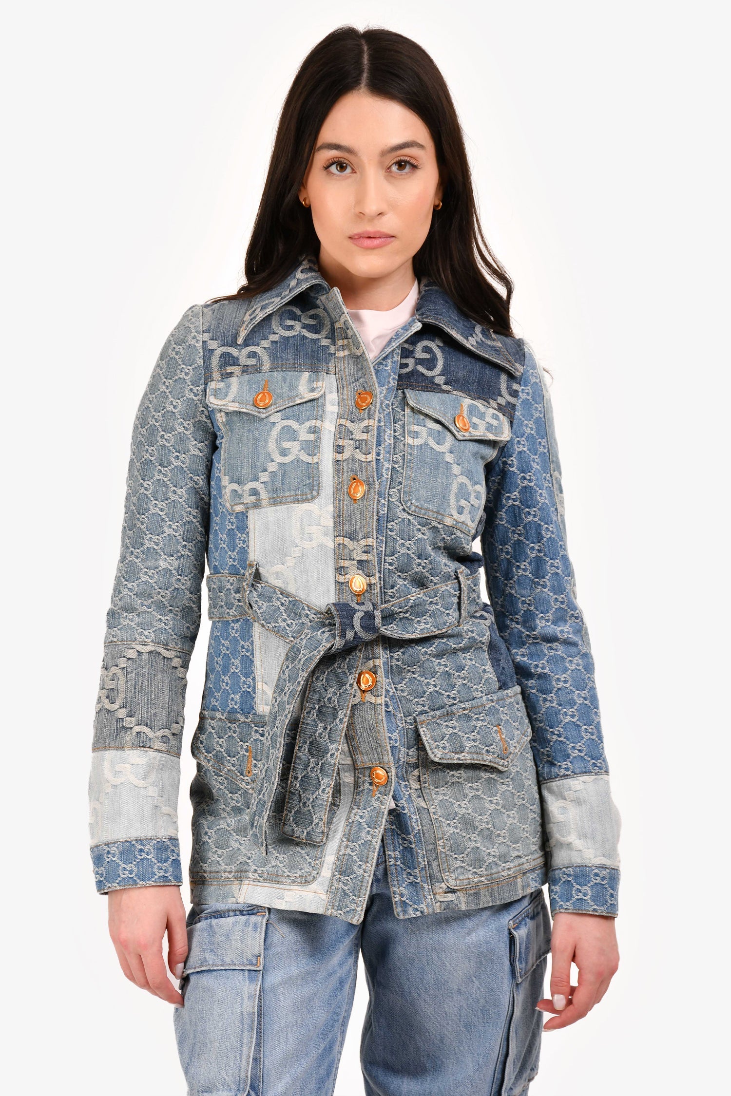 Gucci Blue GG Patchwork Denim Jacket with Waist Belt Size 36