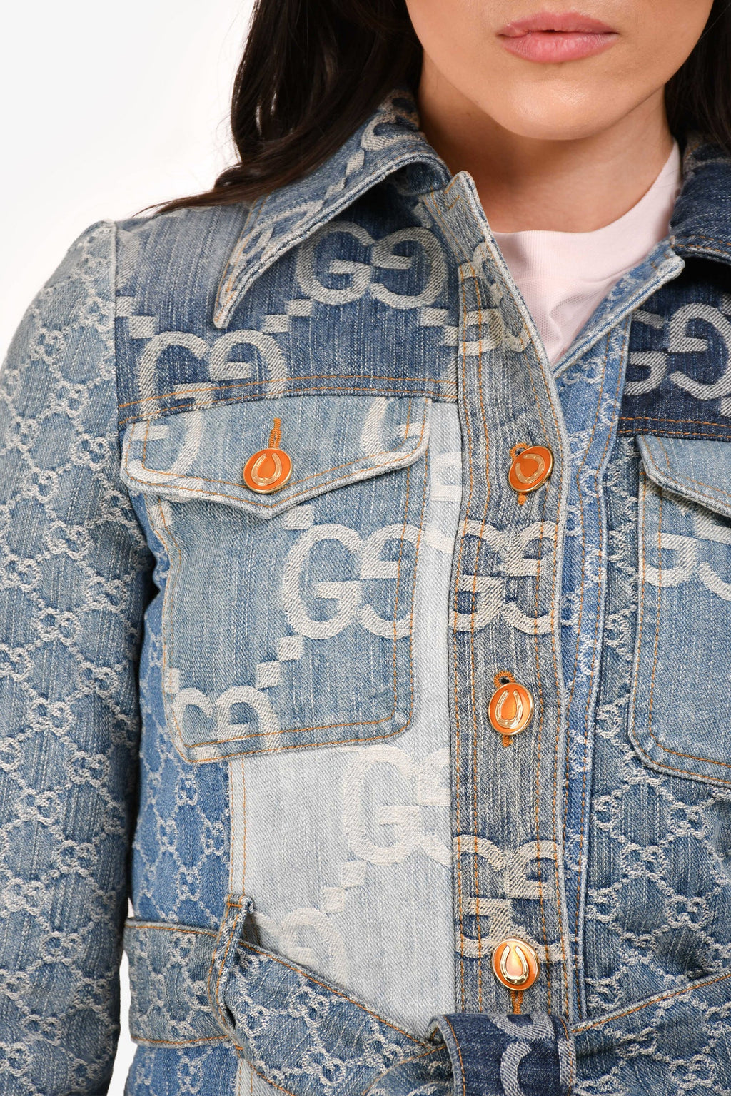 Gucci Blue GG Patchwork Denim Jacket with Waist Belt Size 36