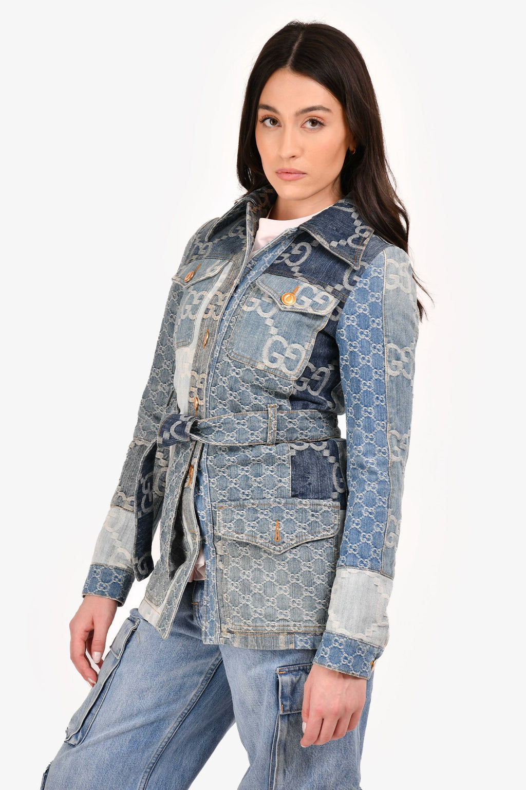 Gucci Blue GG Patchwork Denim Jacket with Waist Belt Size 36