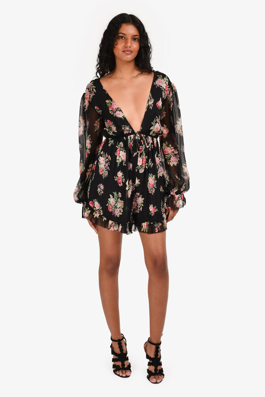 Zimmermann Black Floral L/S V-Neck Romper Size 0