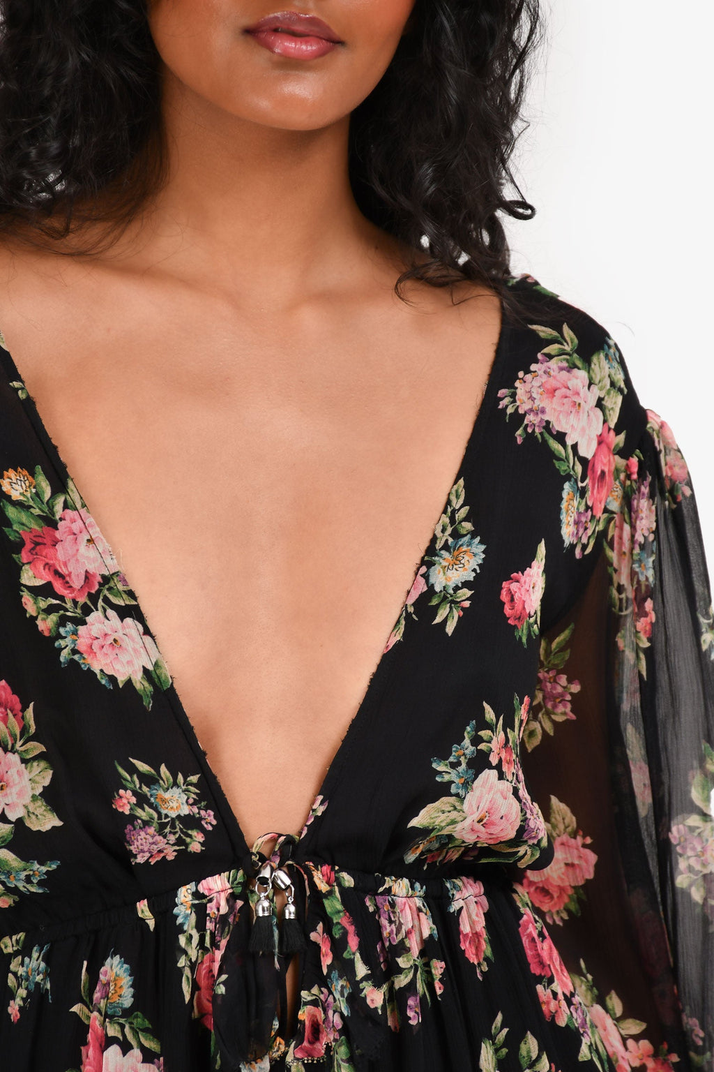 Zimmermann Black Floral L/S V-Neck Romper Size 0