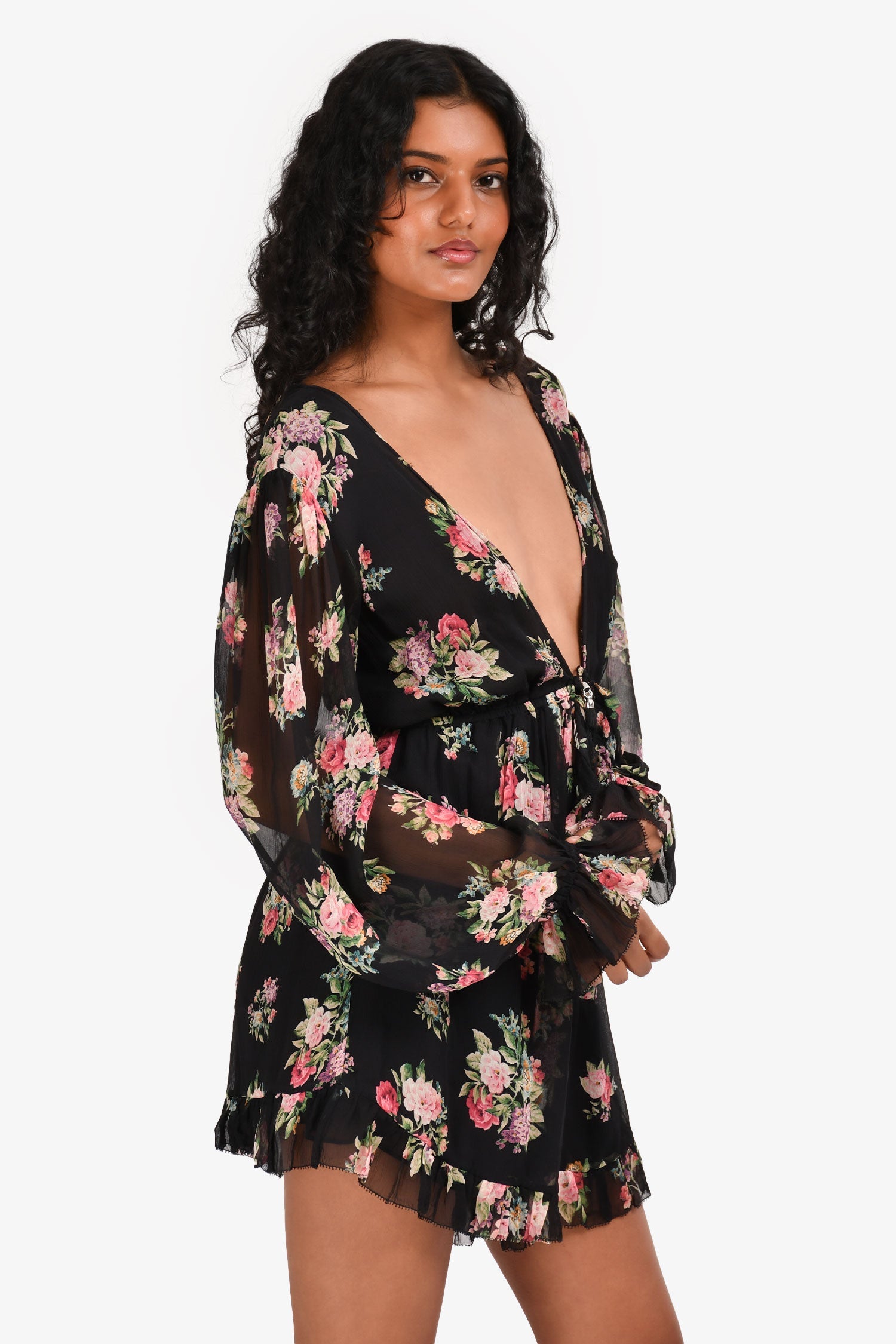 Zimmermann Black Floral L/S V-Neck Romper Size 0