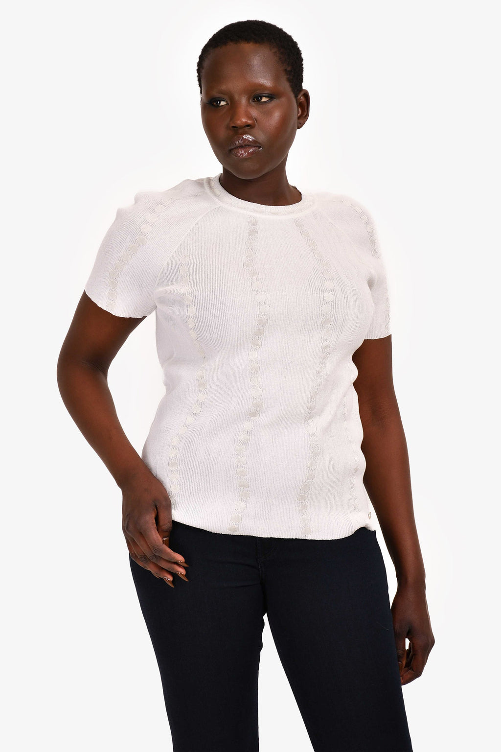 Pre-Loved Chanel™ White Cotton/Linen Ribbed T Shirt Size 50