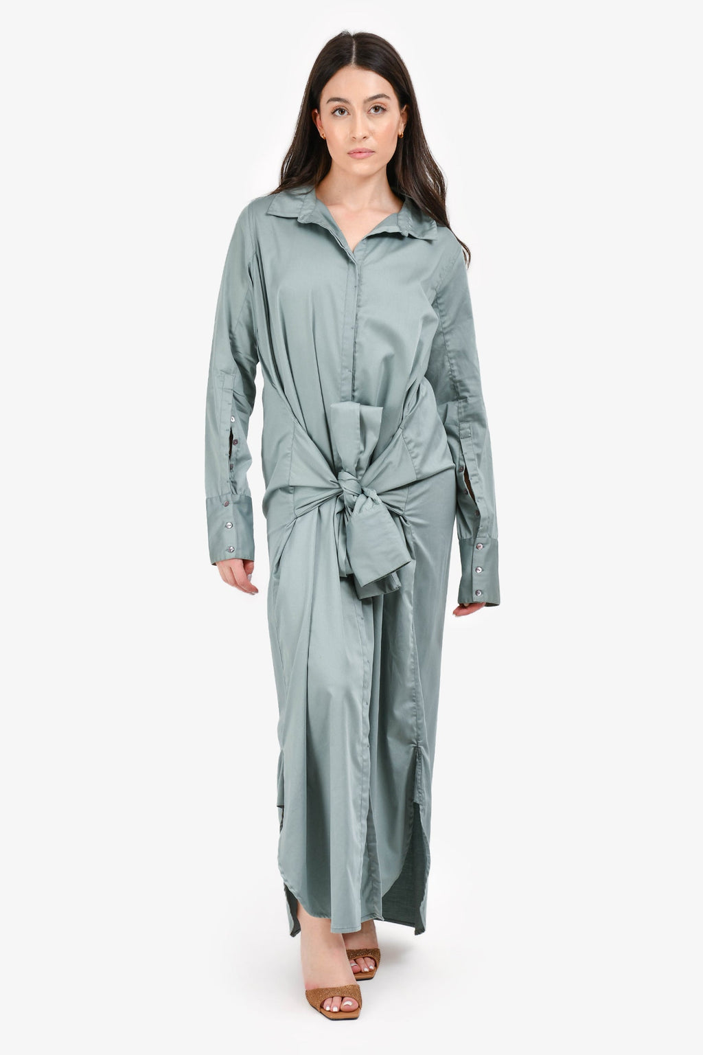 Nicholas K Blue Button-Up Midi Shirt Dress with Waist Tie Size S
