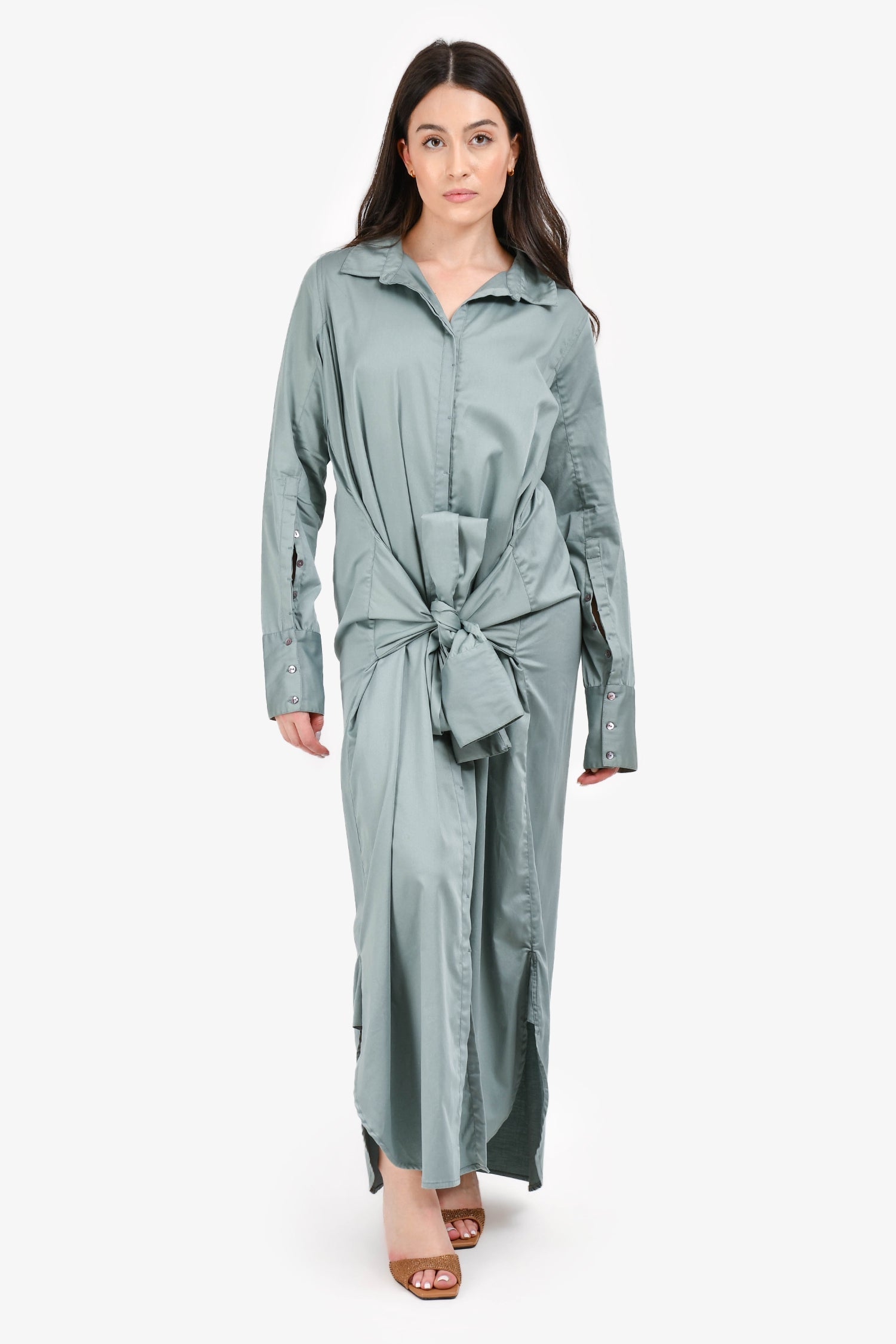 Nicholas K Blue Button-Up Midi Shirt Dress with Waist Tie Size S