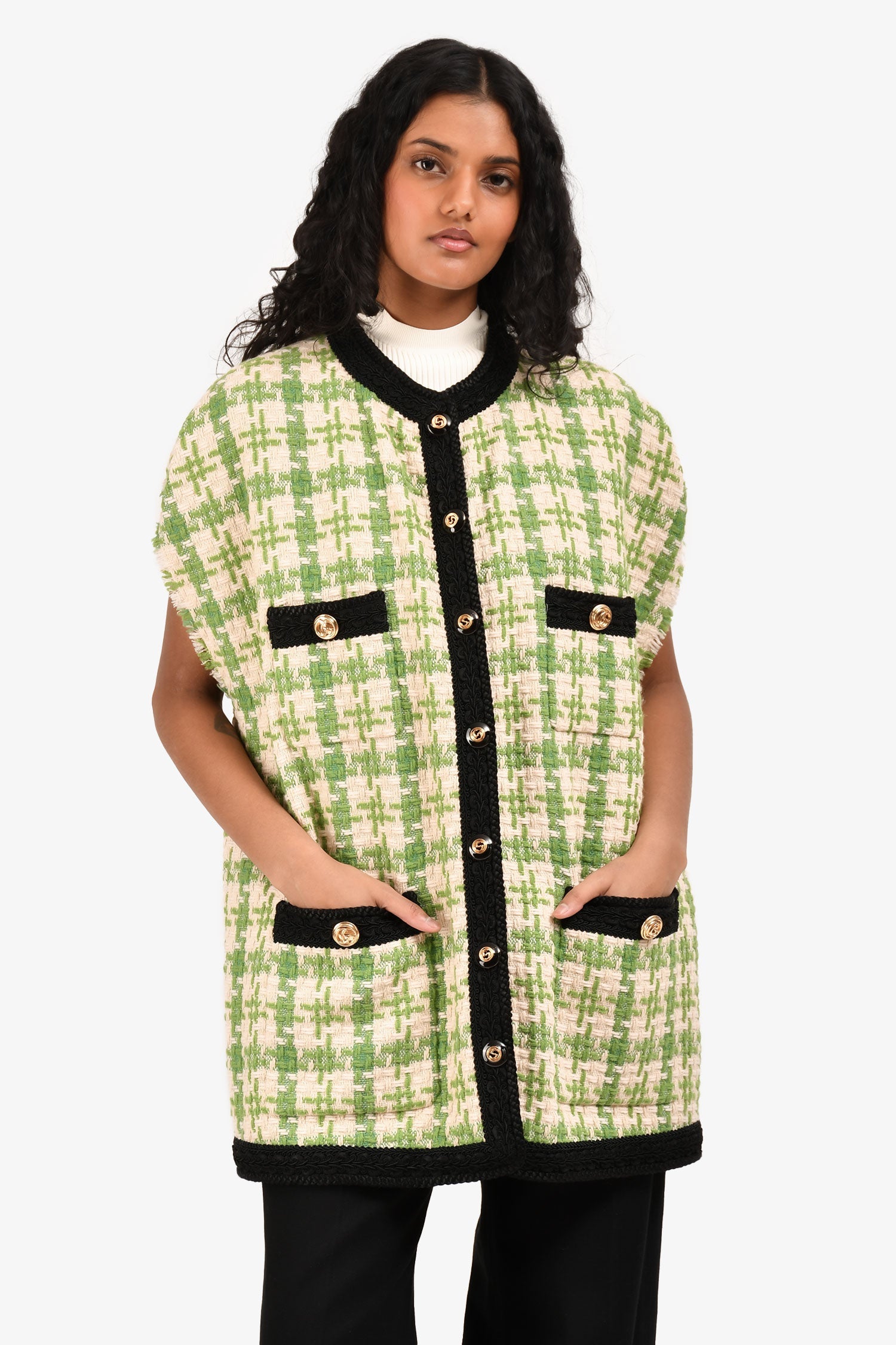 Gucci 2018 Green/White Tweed Vest Jacket Size 44