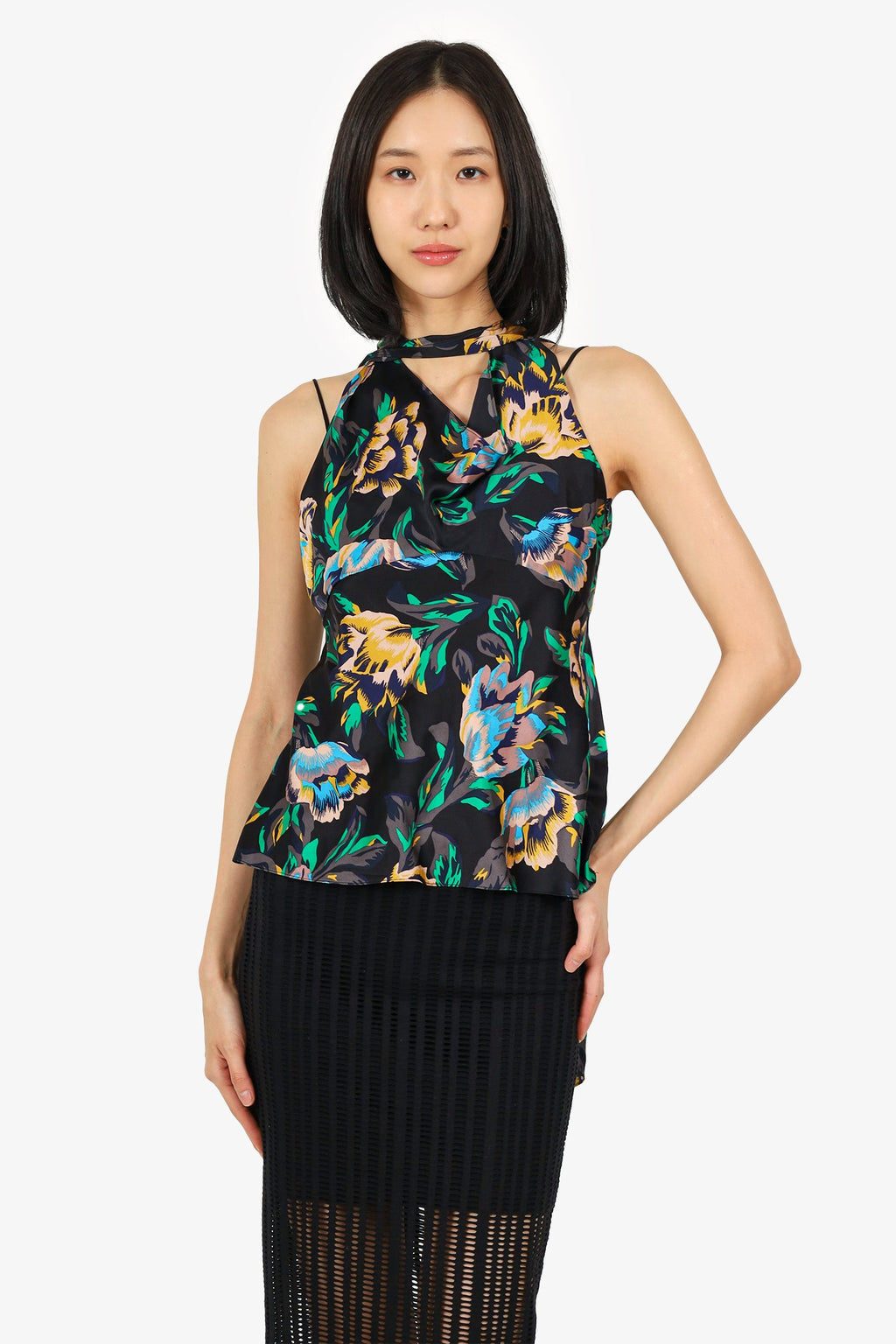 Diane von Furstenberg Black Silk Floral Print Turtleneck Top Size XS