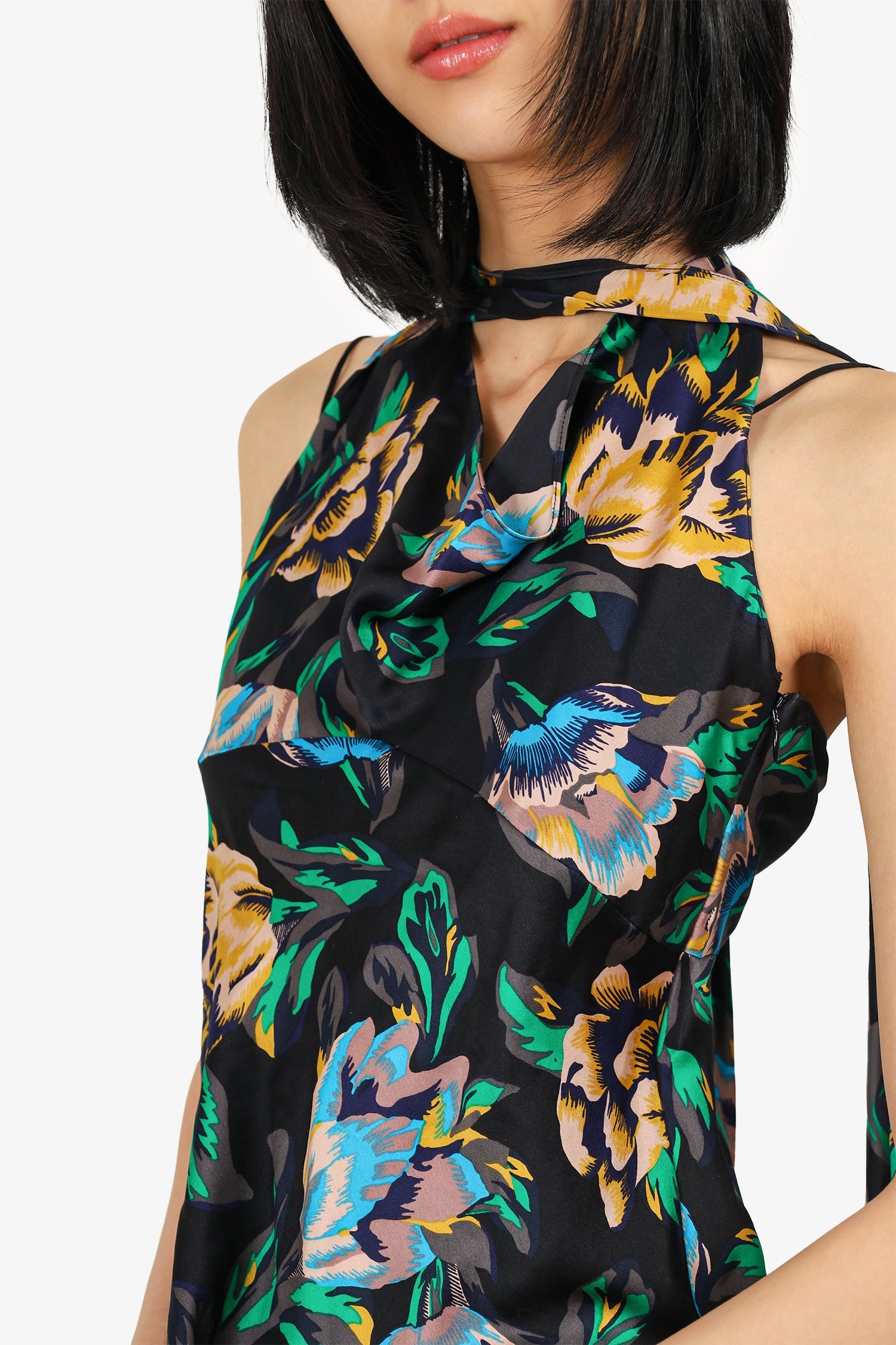 Diane von Furstenberg Black Silk Floral Print Turtleneck Top Size XS