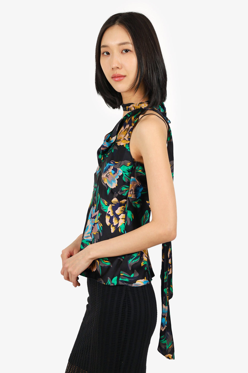 Diane von Furstenberg Black Silk Floral Print Turtleneck Top Size XS