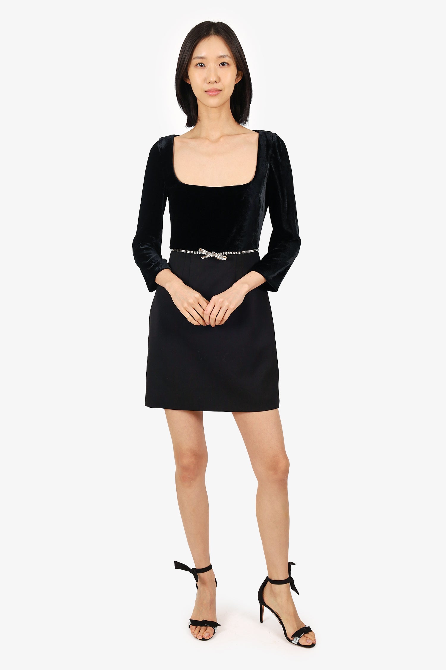 Miu Miu Black Wool/Velvet Crystal-embellished Bow Crepe Mini Dress Size 40