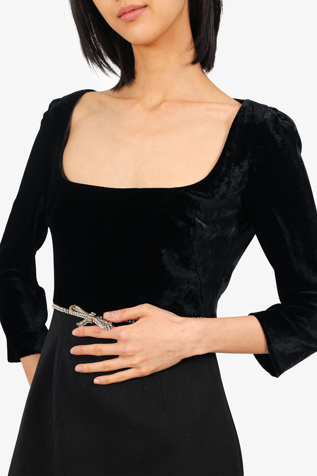 Miu Miu Black Wool/Velvet Crystal-embellished Bow Crepe Mini Dress Size 40