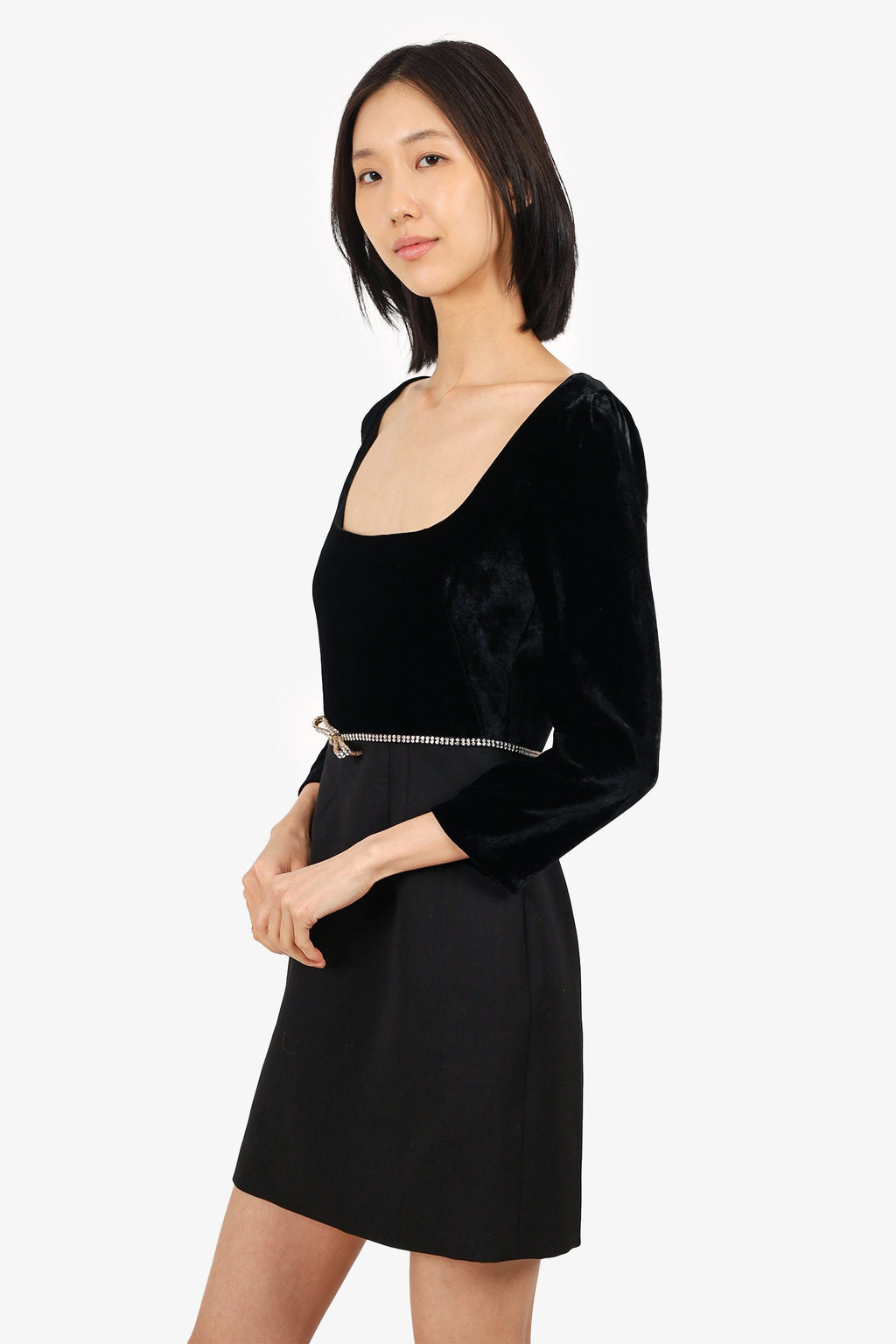 Miu Miu Black Wool/Velvet Crystal-embellished Bow Crepe Mini Dress Size 40