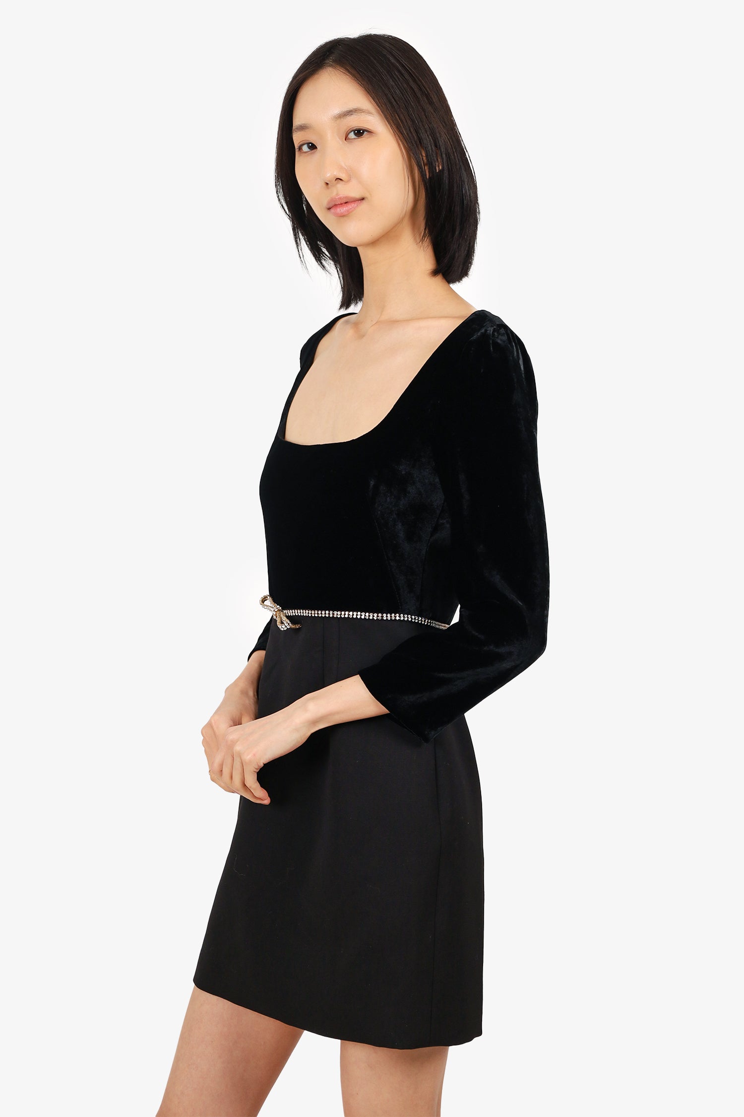 Miu Miu Black Wool/Velvet Crystal-embellished Bow Crepe Mini Dress Size 40