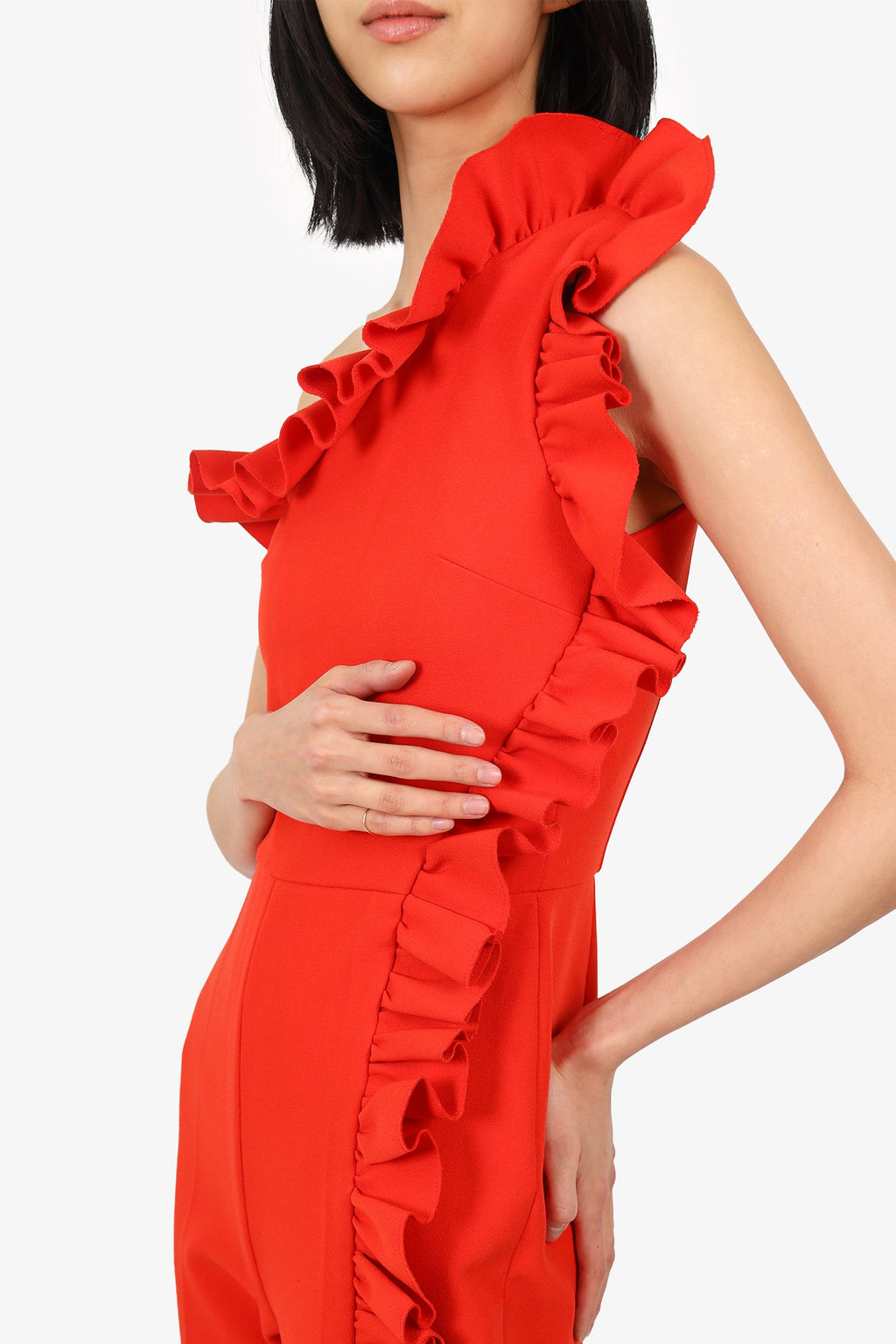 MSGM Red Ruffle Detail One-Shoulder Jumpsuit Size 38