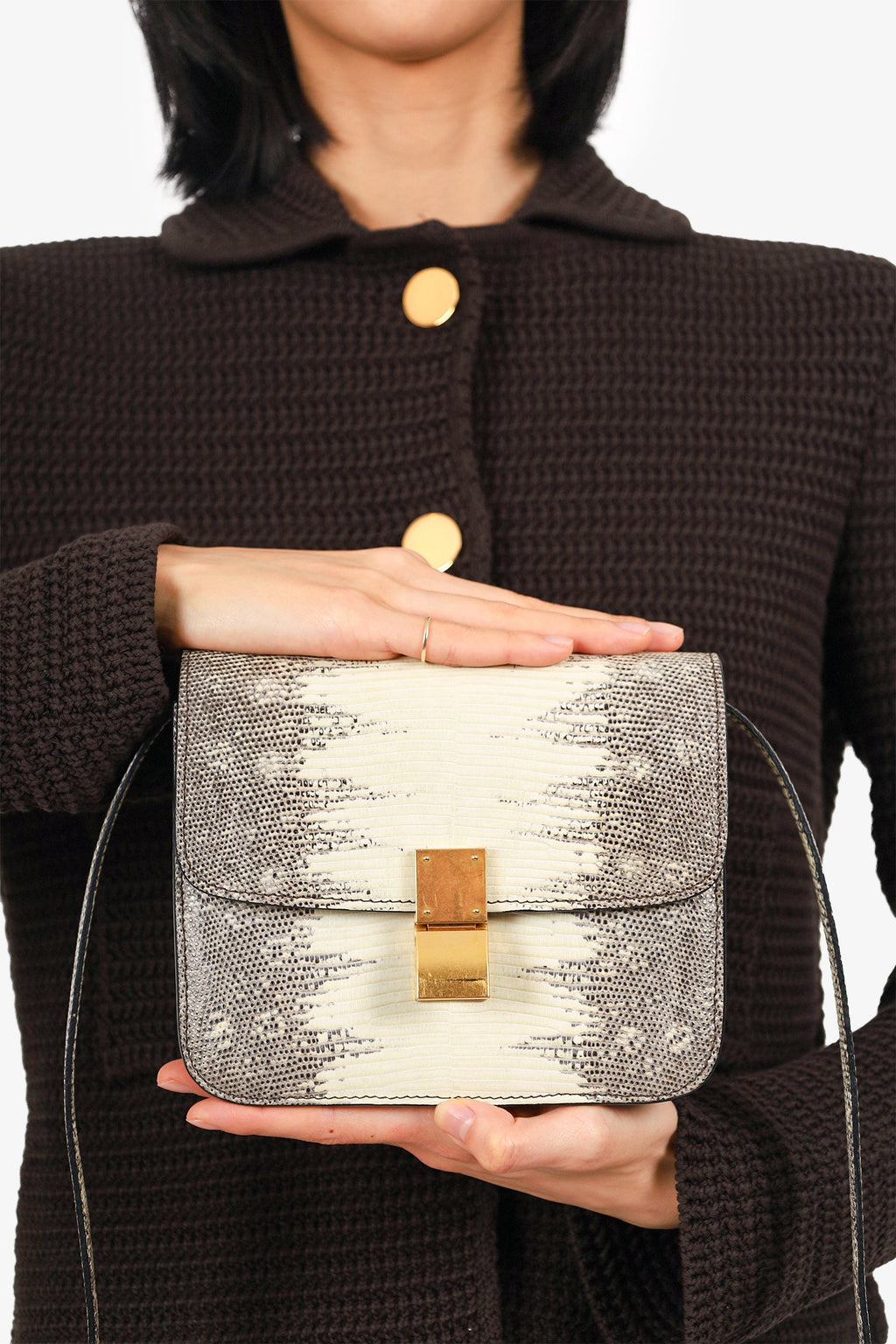 Celine Grey/Cream Lizard Box Teen Bag with Strap