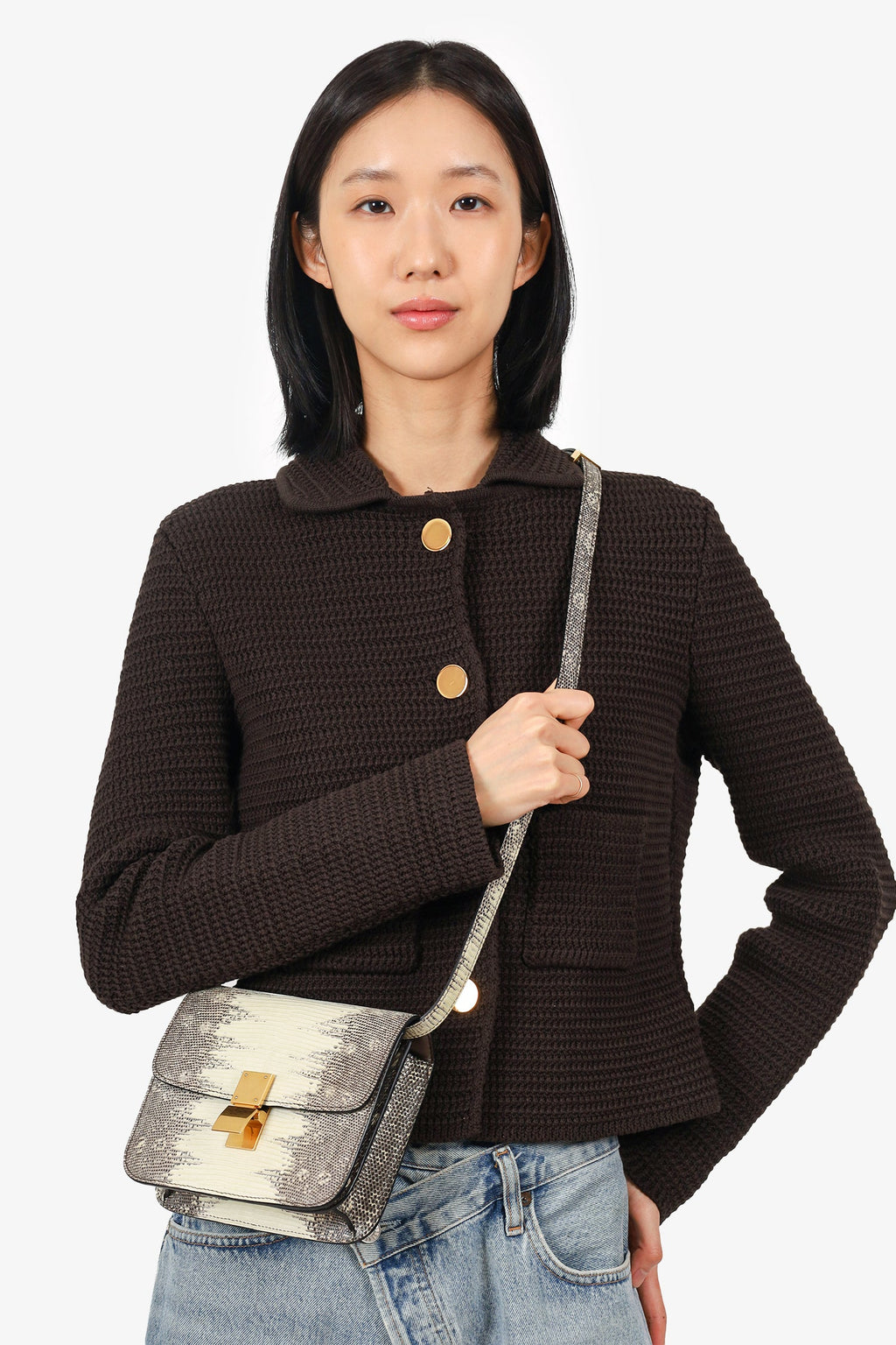 Celine Grey/Cream Lizard Box Teen Bag with Strap