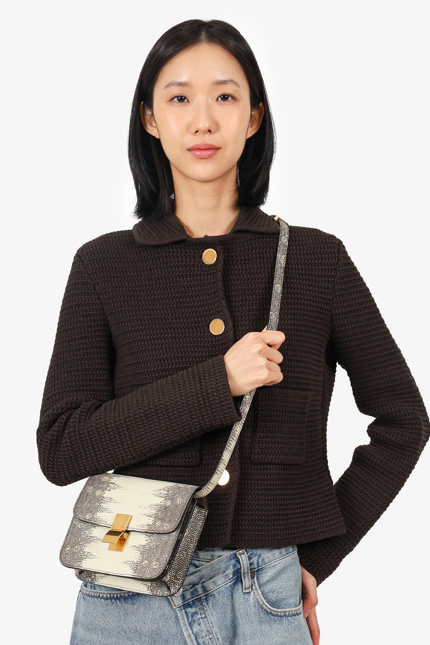 Celine Grey/Cream Lizard Box Teen Bag with Strap