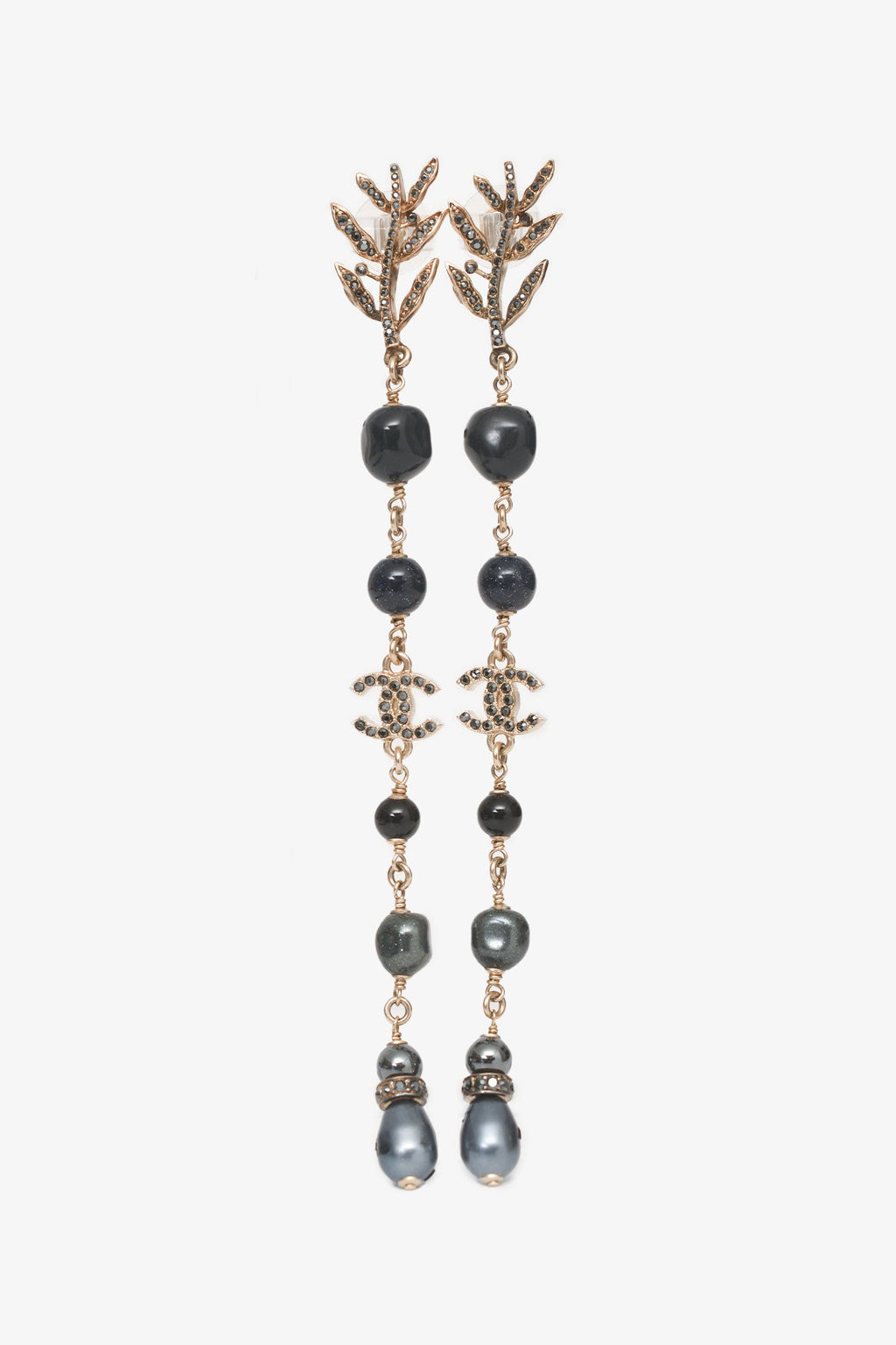 Pre-Loved Chanel™ 2018 Forest Leaf Navy CC Logo Crystal Pearl Long Drop Earrings