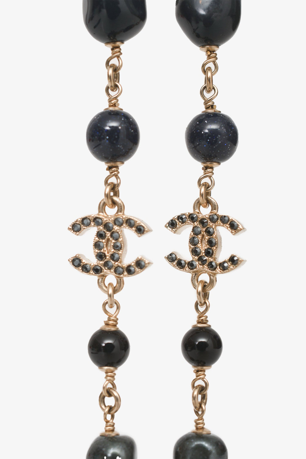 Pre-Loved Chanel™ 2018 Forest Leaf Navy CC Logo Crystal Pearl Long Drop Earrings
