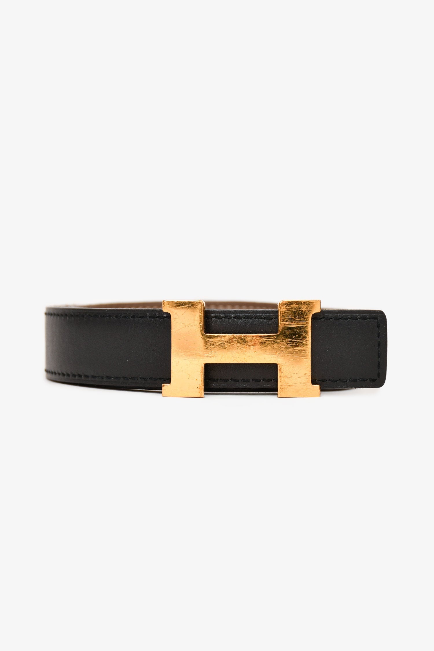 Hermès Black/Taupe Leather Reversible H Belt