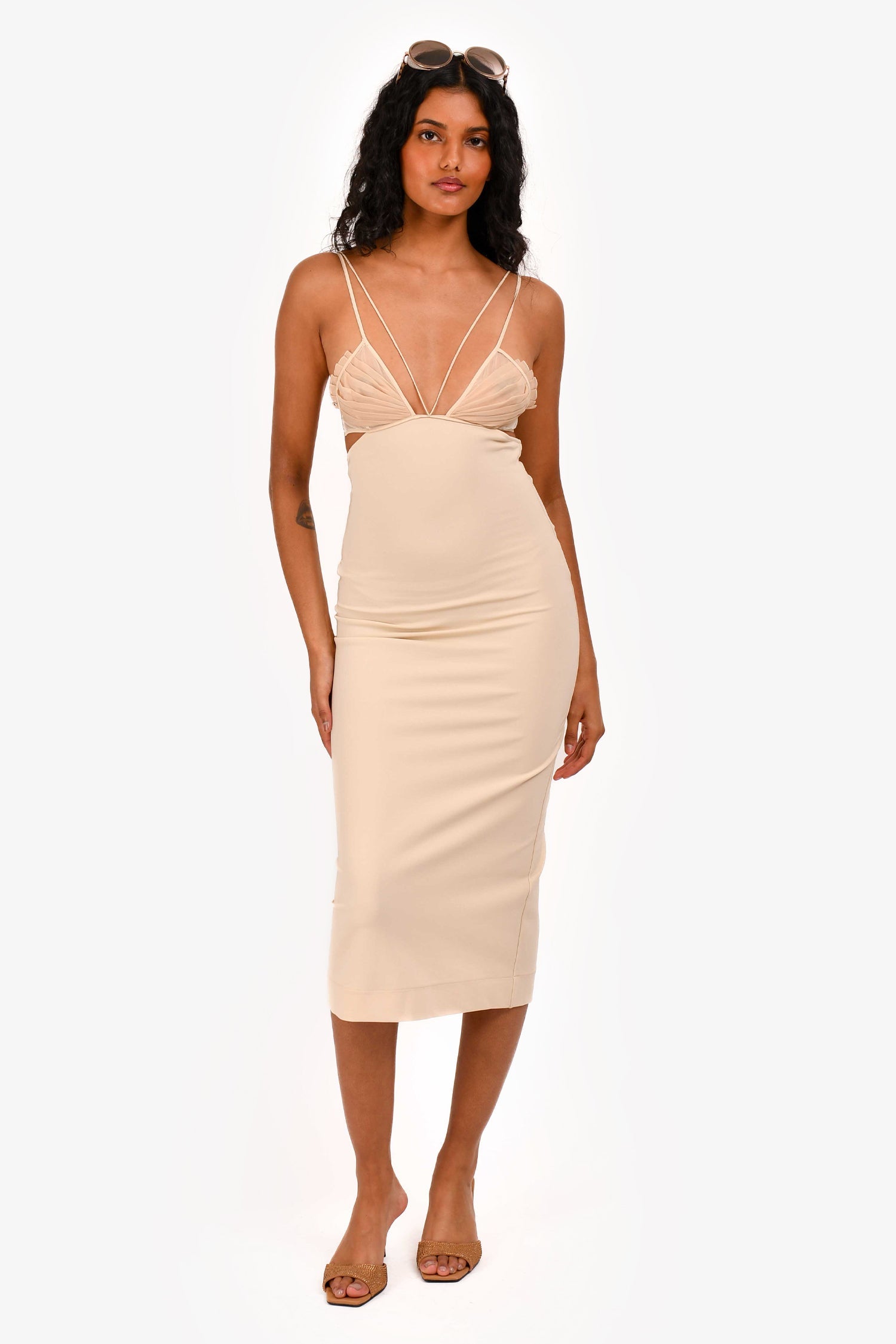 Nensi Dojaka Beige Triangle Bralette Bodycon Dress Size S