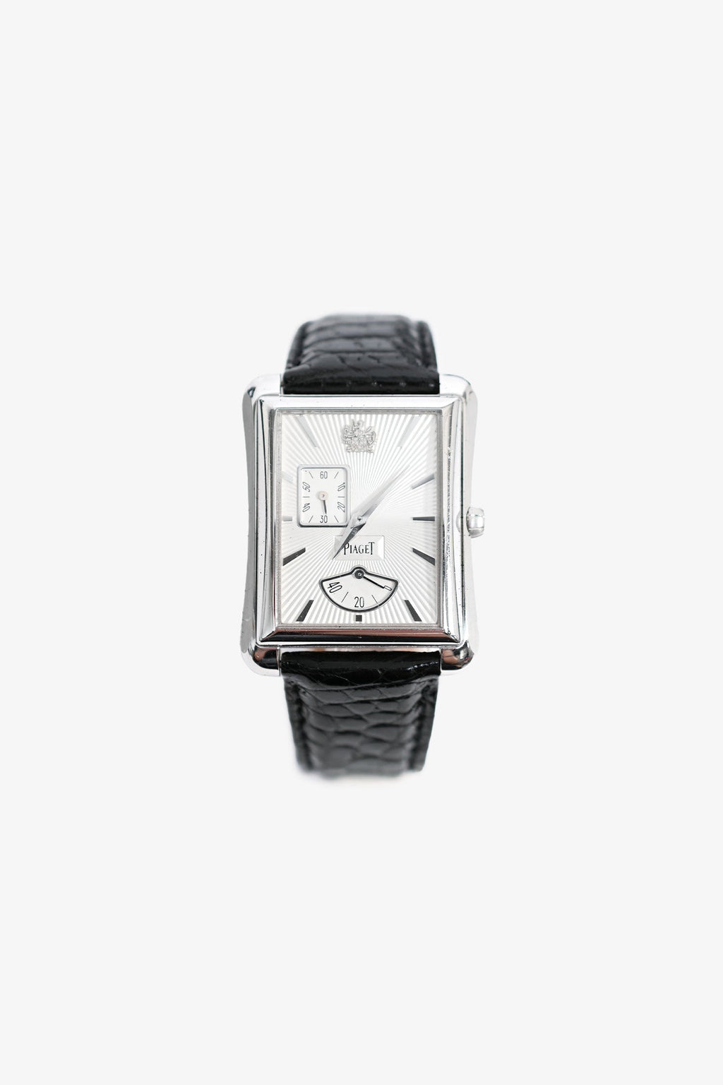 Piaget White Gold Black Leather Strap Guilloche Dial 'Emperador' Automatic Watch