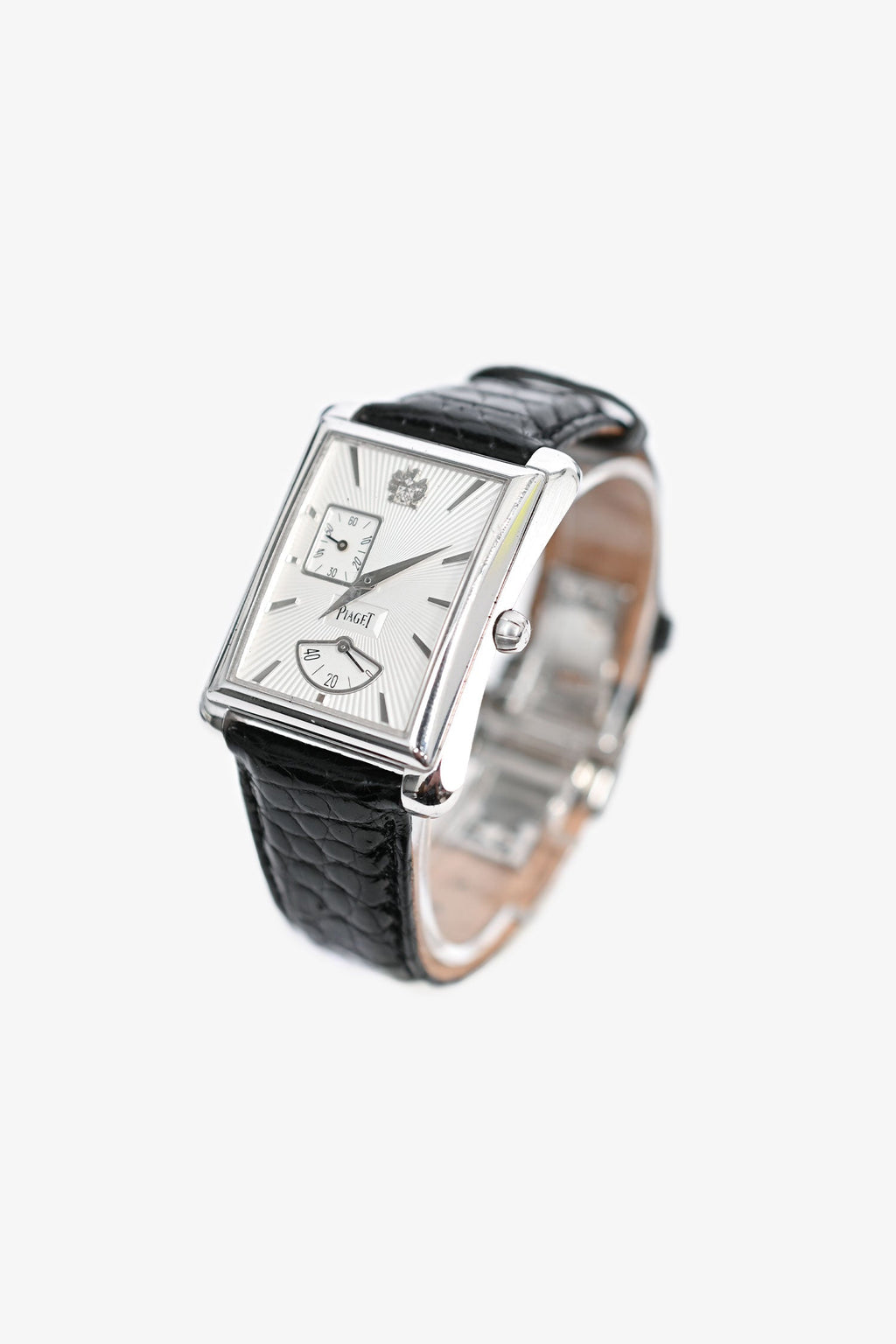 Piaget White Gold Black Leather Strap Guilloche Dial 'Emperador' Automatic Watch